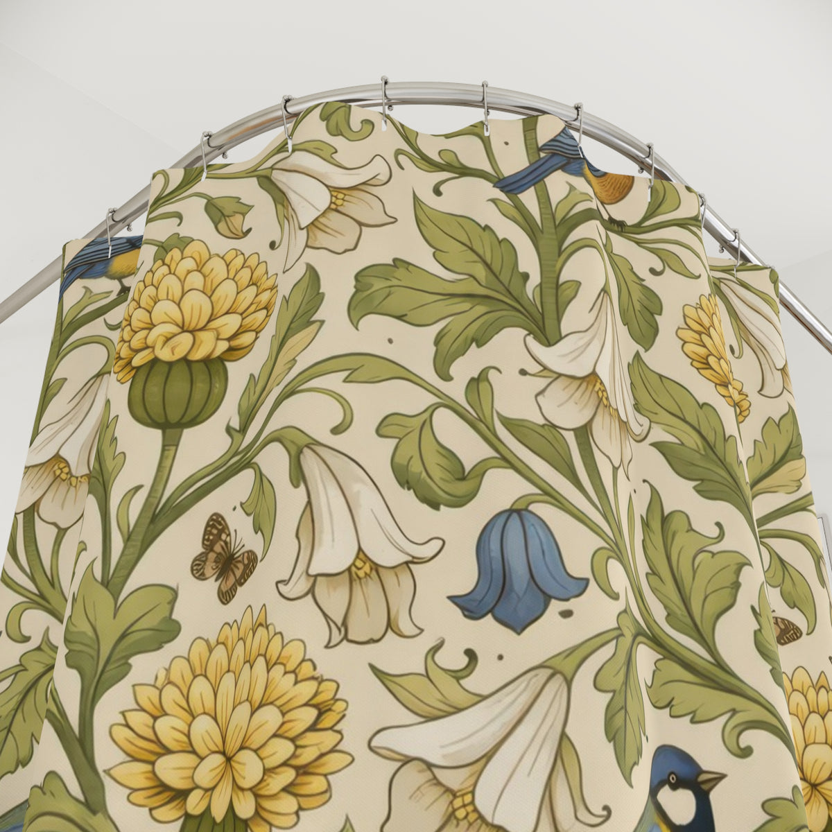 William Morris Floral Green Gold Bird shower curtain beside a white vanity