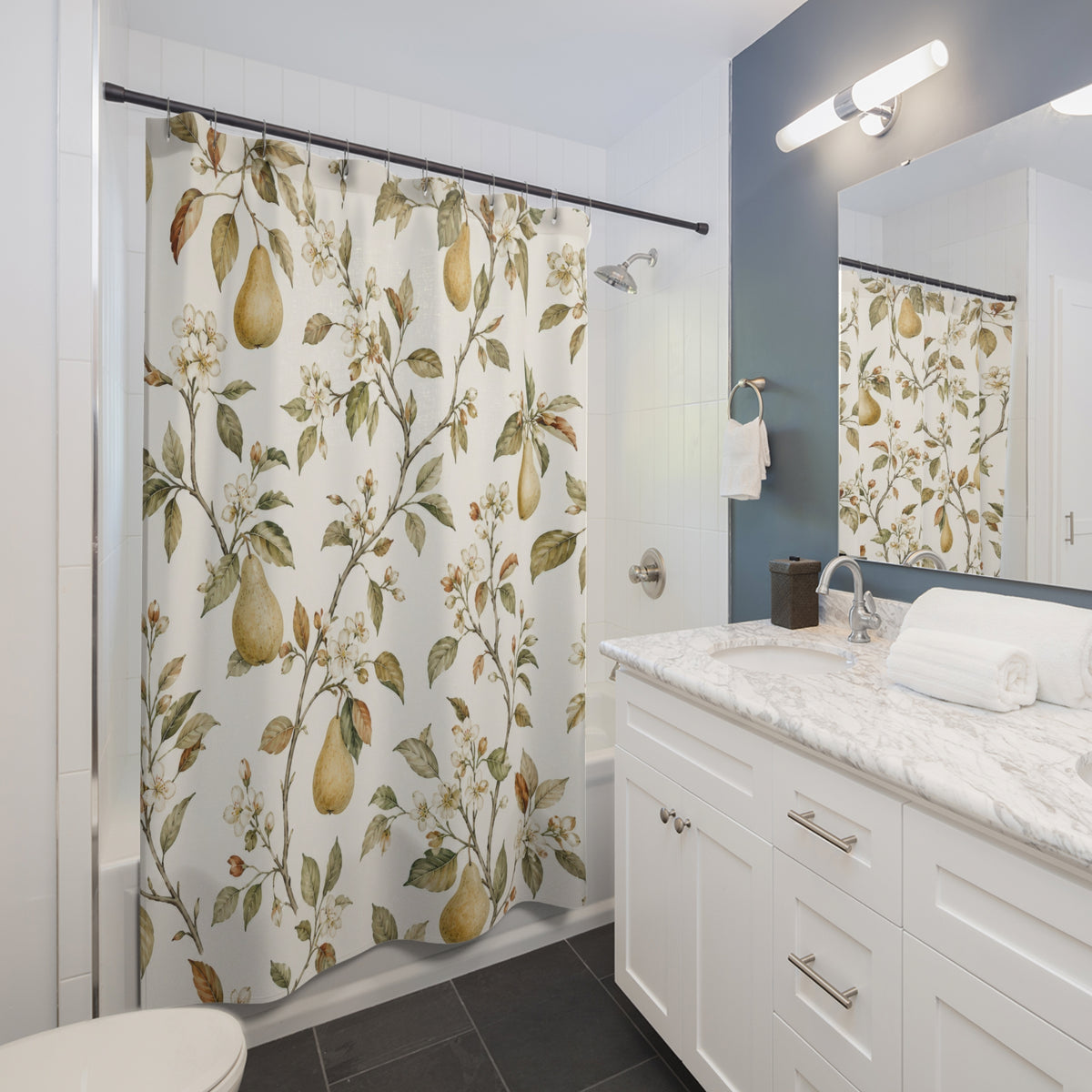 Pear Blossom Botanical fruit pattern shower curtain beside a white vanity
