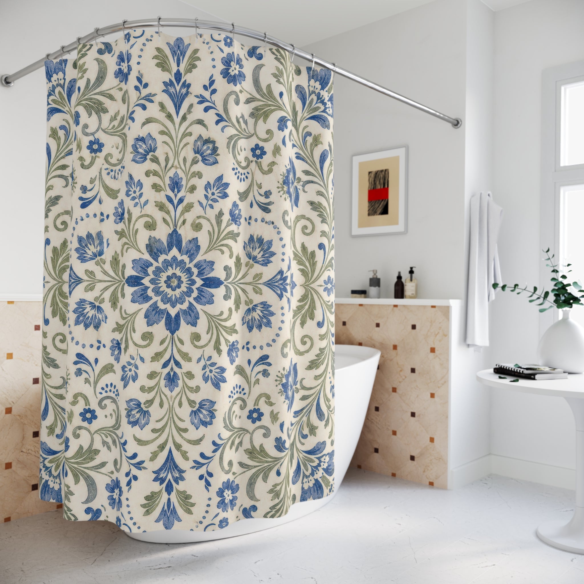 Blue and White Shower Curtain