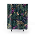 Unique Tropical Shower Curtain, Dark Green Monstera Leaf Pattern, Purple Floral Botanical Decor, Lush Guest Bath, Maximalist Style