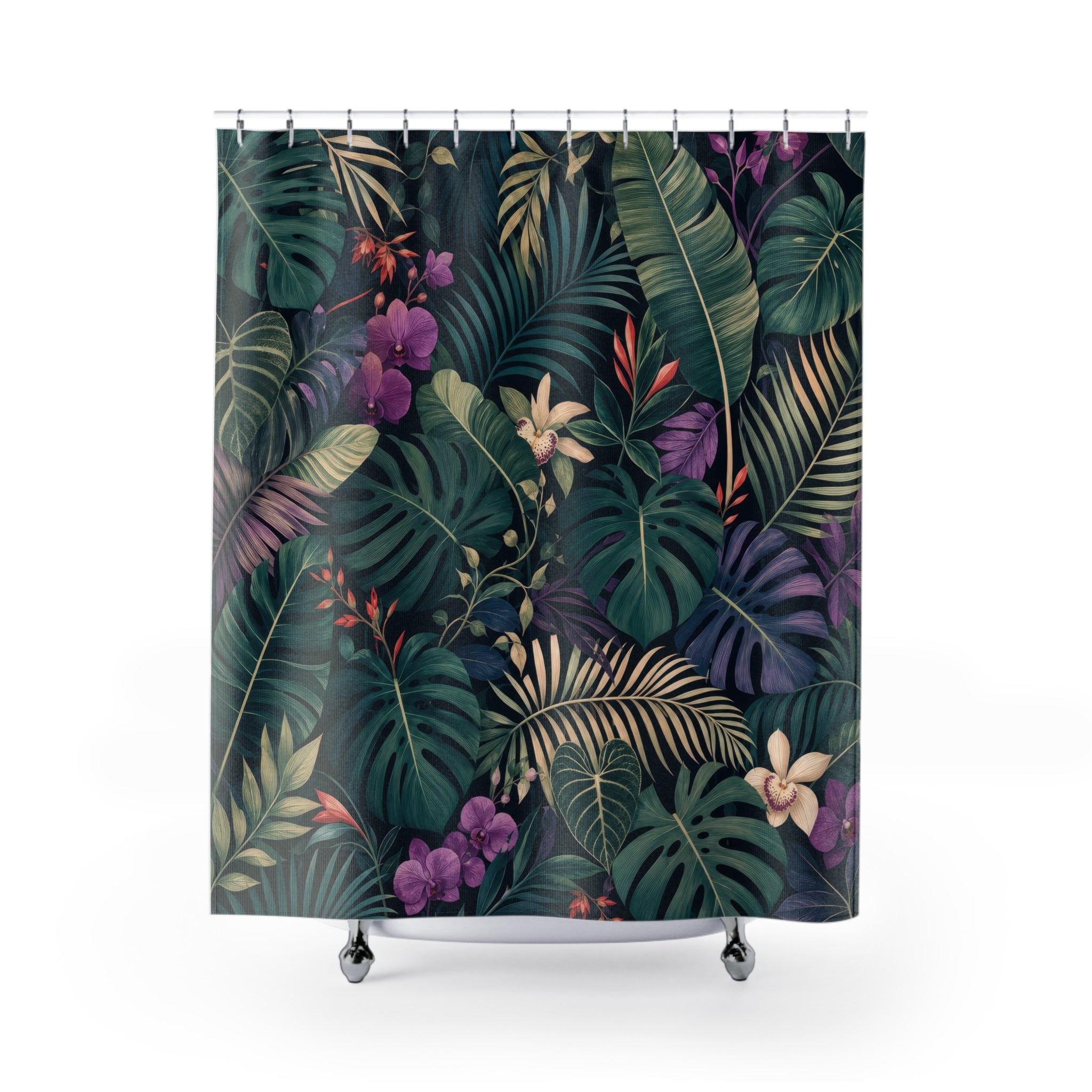 Unique Tropical Shower Curtain, Dark Green Monstera Leaf Pattern, Purple Floral Botanical Decor, Lush Guest Bath, Maximalist Style