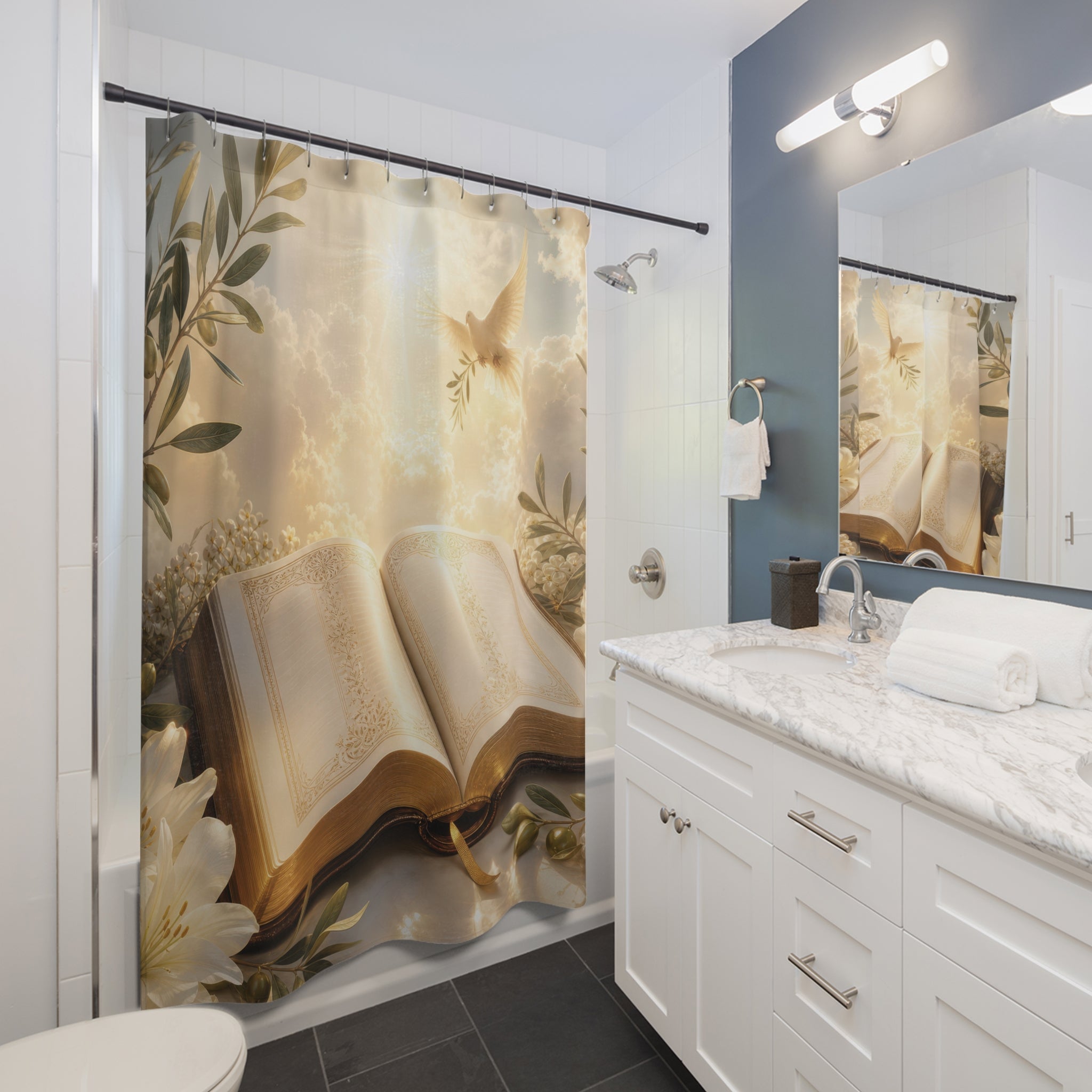 Scripture Shower Curtain: Open Bible Floral