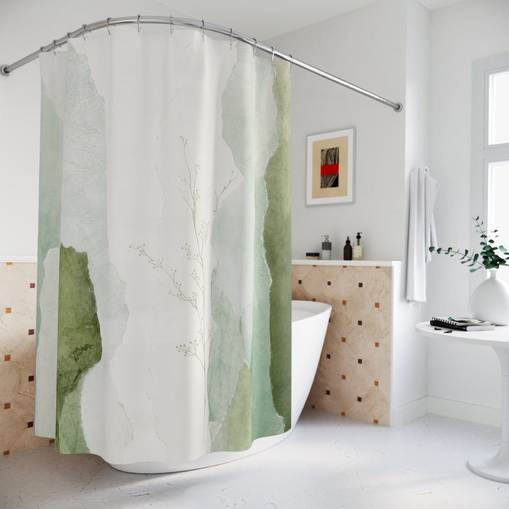 Watercolor Leaf Green White Shower Curtain