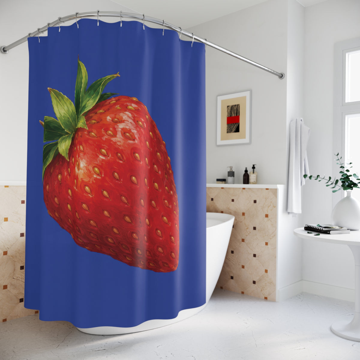 Single red strawberry with green crown on cobalt blue shower curtain beside a freestanding tub