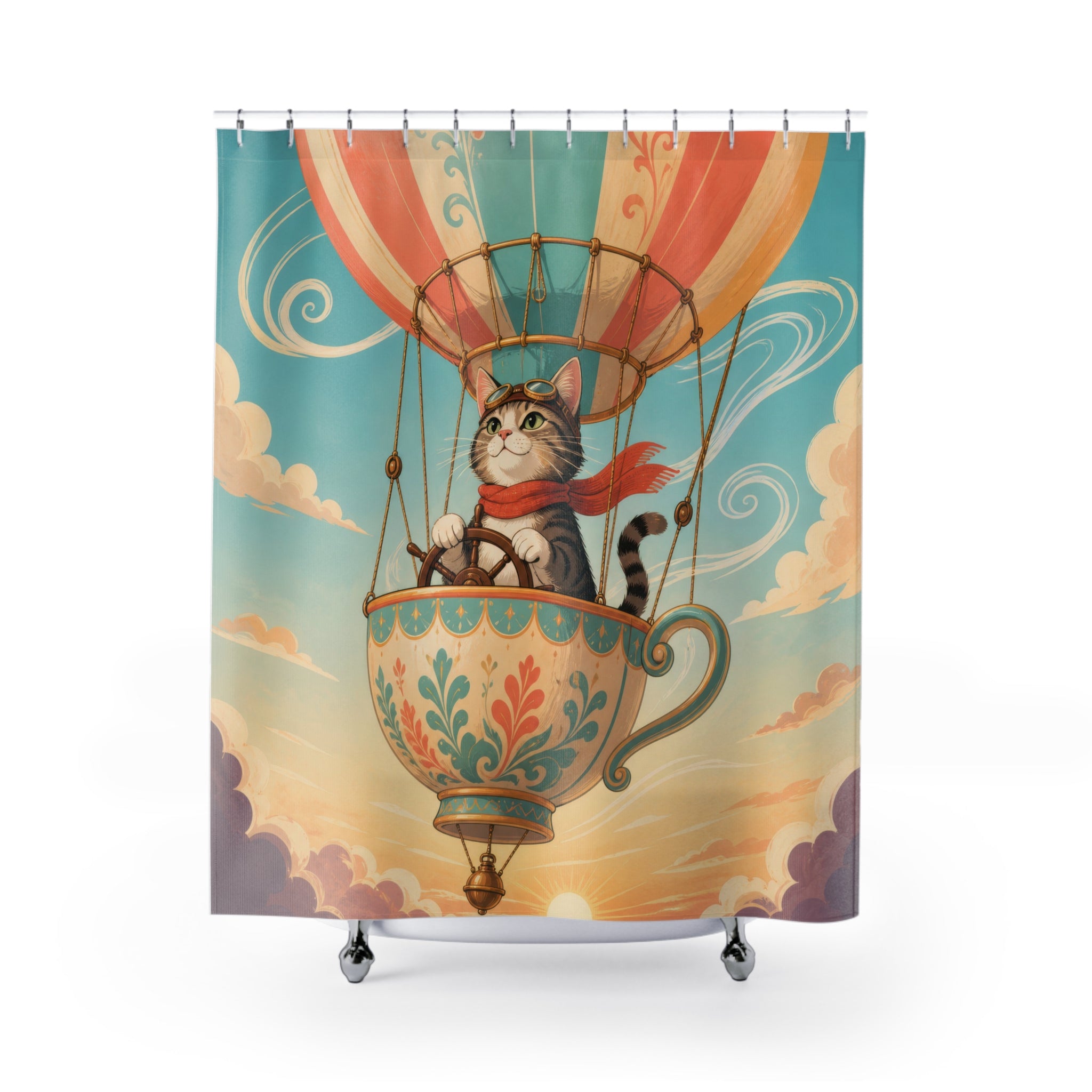 Cat piloting a teacup balloon through pastel clouds shower curtain with full front view