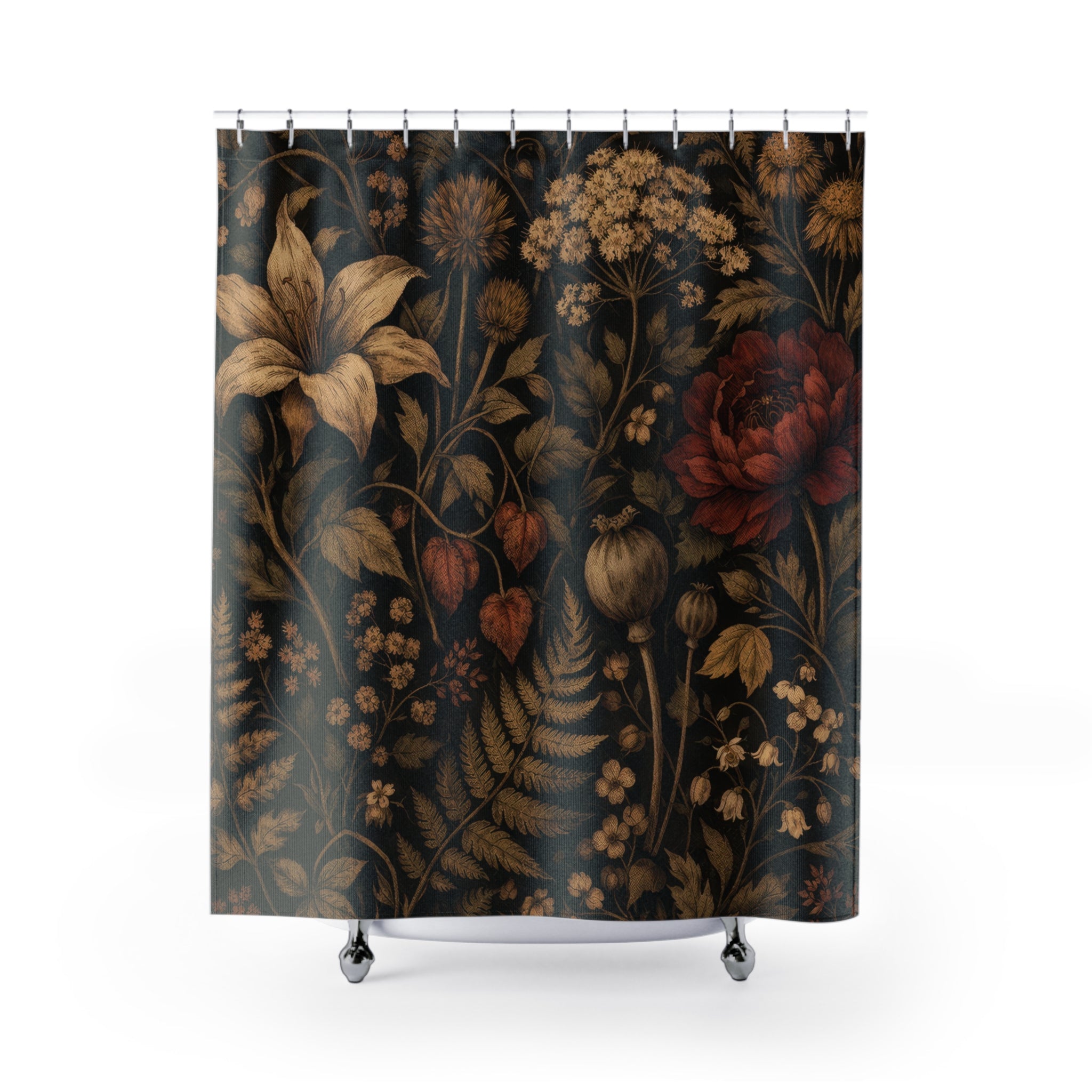 Dark Academia Wildflower Shower Curtain – Near-Black Botanical