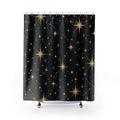Gold radiant stars linked by fine paths on black shower curtain with full front view