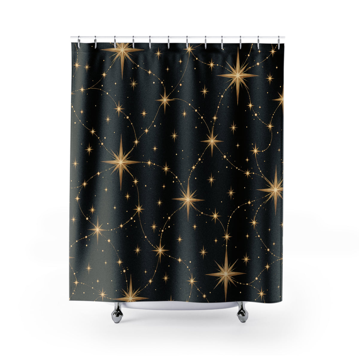 Gold radiant stars linked by fine paths on black shower curtain with full front view