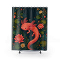 Rose axolotl in a deep teal water garden shower curtain with full front view