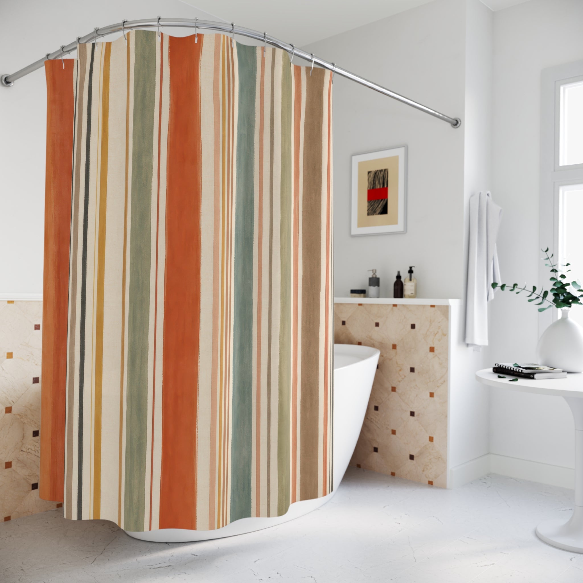 Teal Sage Terracotta Vertical Stripe Shower Curtain