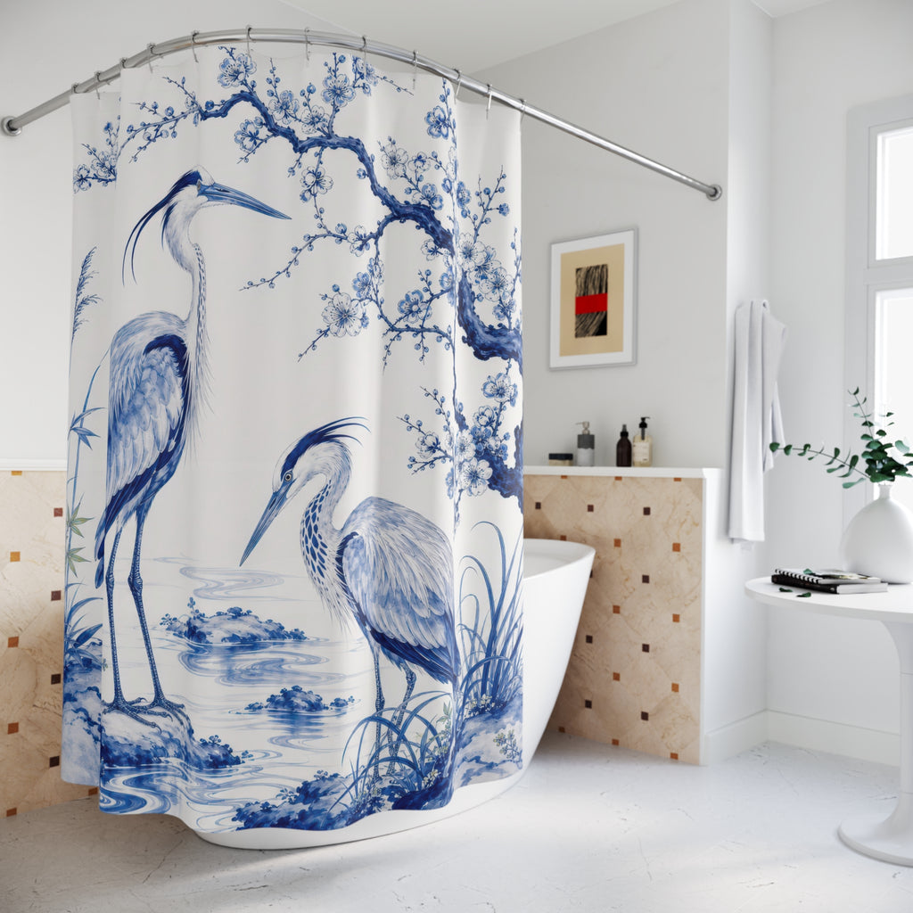 Cobalt Heron Elegant Shower Curtain