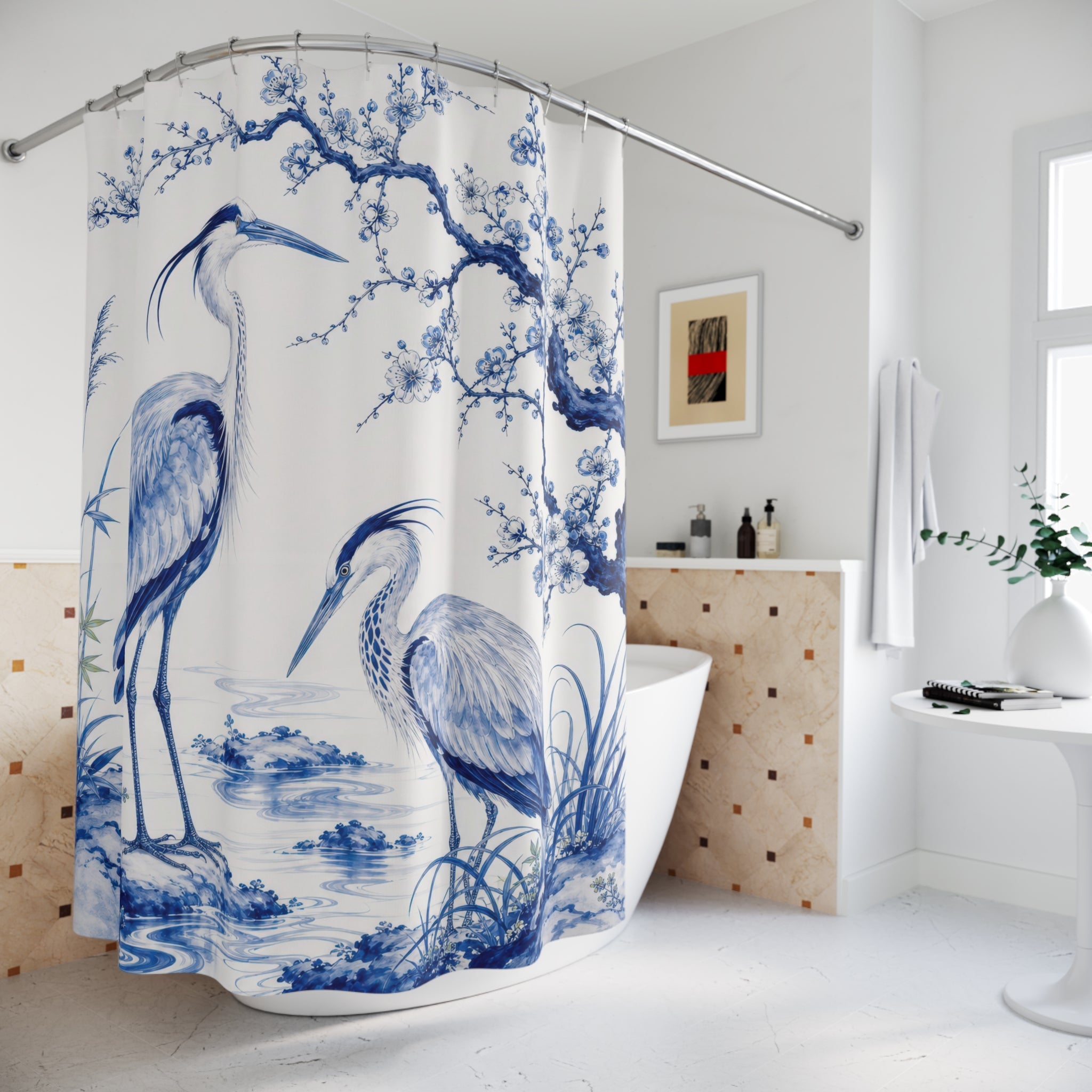 Cobalt Heron Elegant Shower Curtain