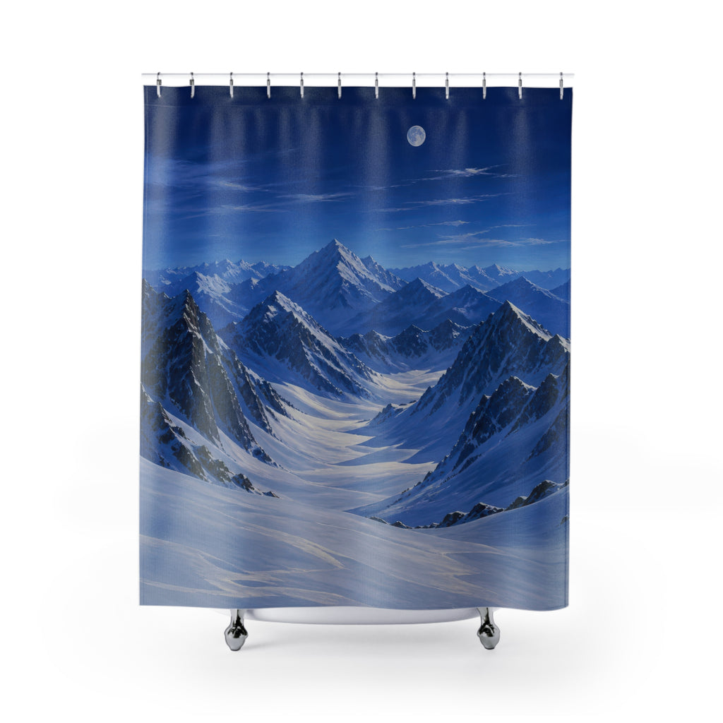 Moonlit cobalt peaks above a snowy alpine valley shower curtain with full front view