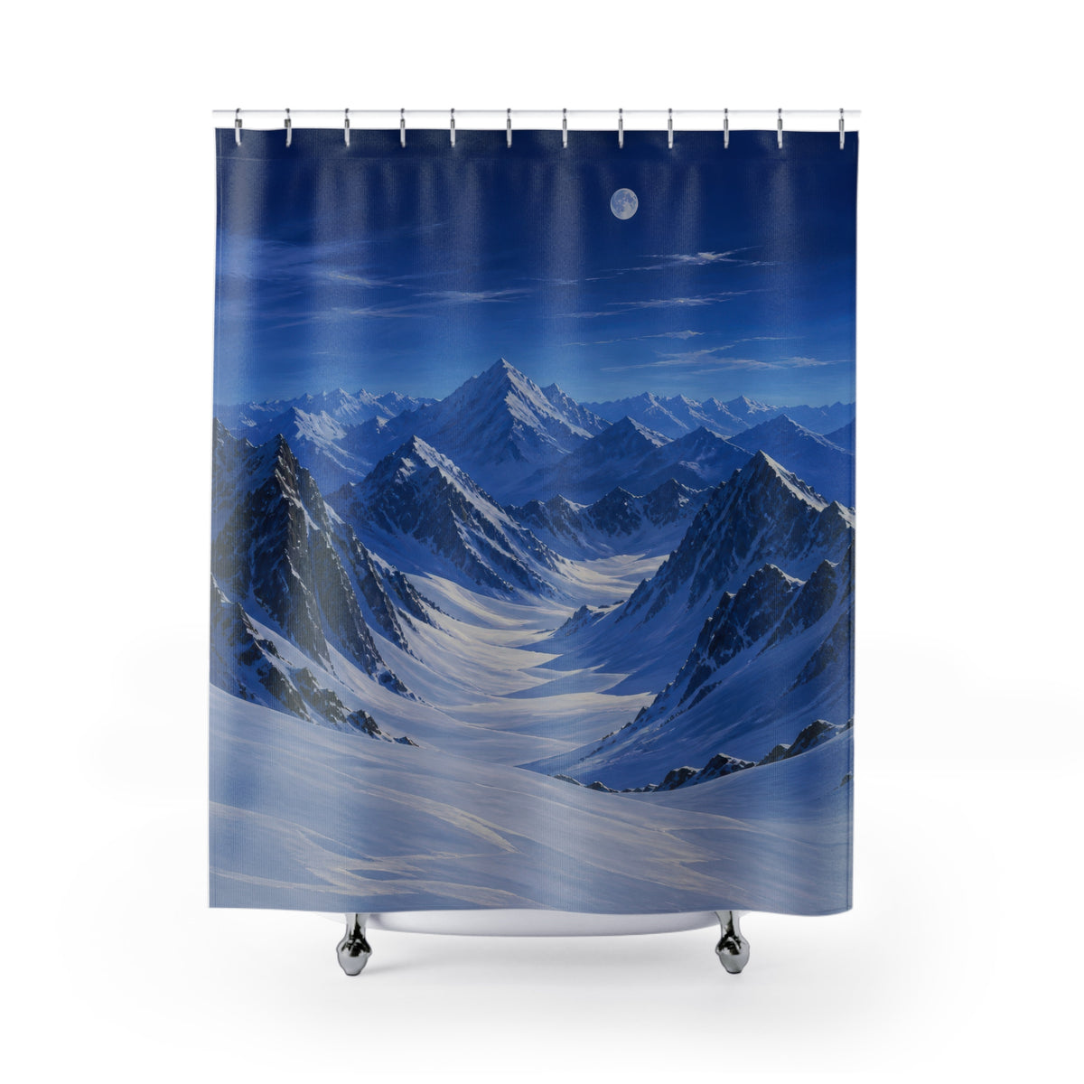 Moonlit cobalt peaks above a snowy alpine valley shower curtain with full front view