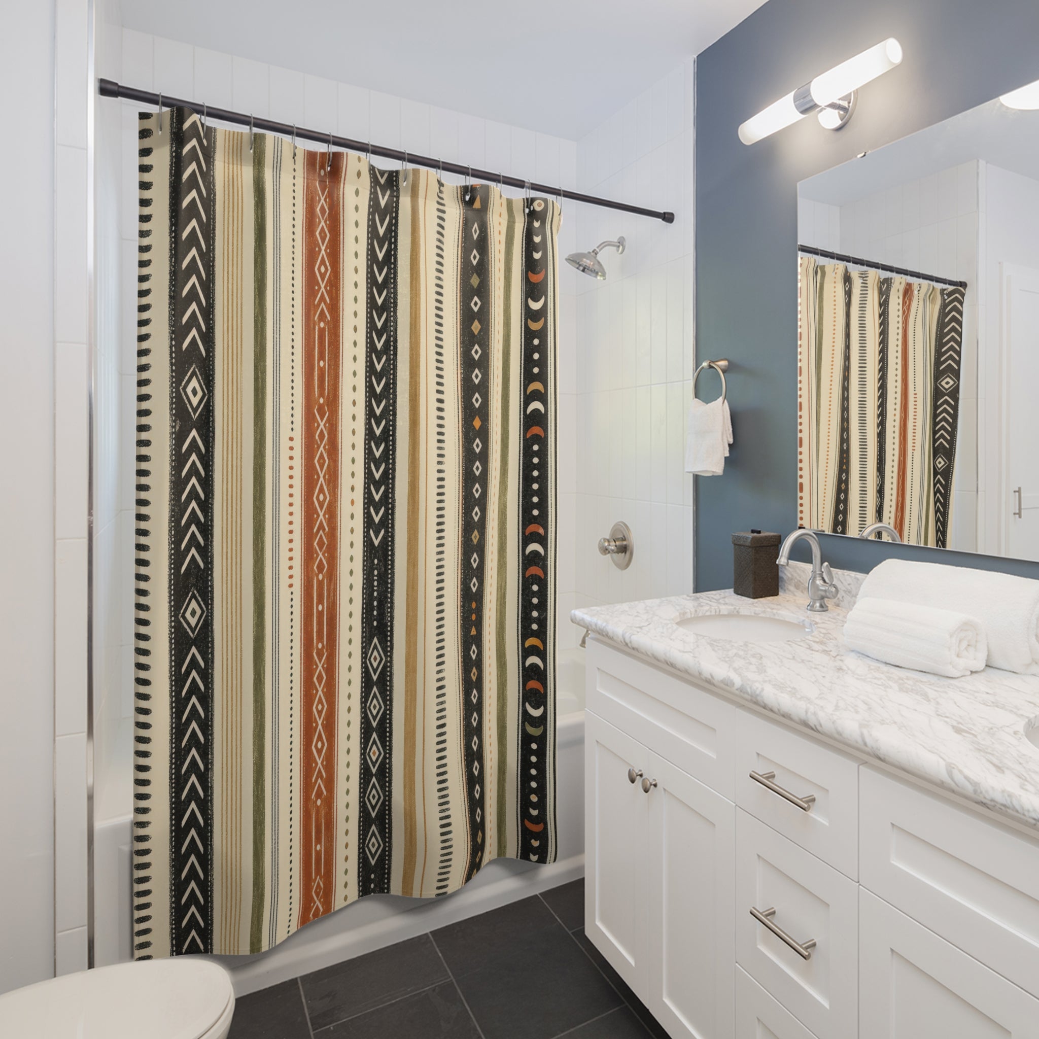 Black Olive Terracotta Motif Stripe Shower Curtain