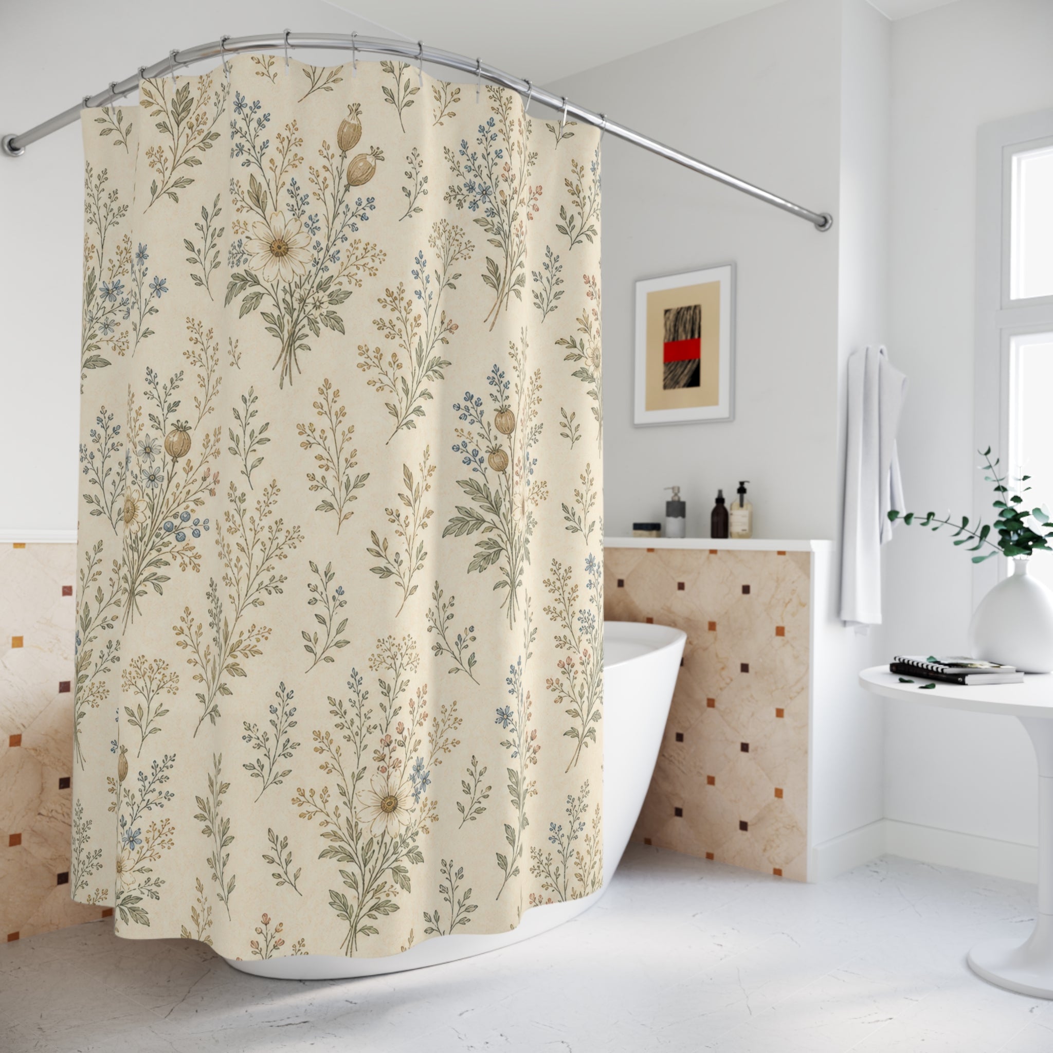 Cream Farmhouse Meadow Vintage Floral Shower Curtain