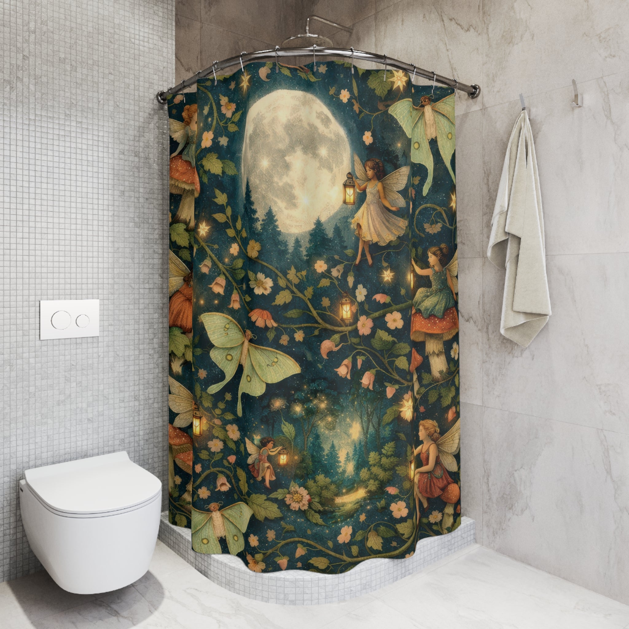 Fairy Shower Curtain – Teal Moonlit Forest