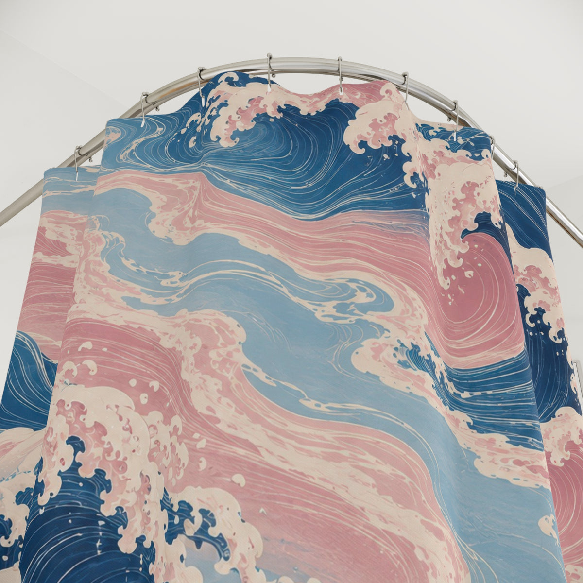 Blue and pink curling waves with ivory foam shower curtain with close-up print, hooks, and folds