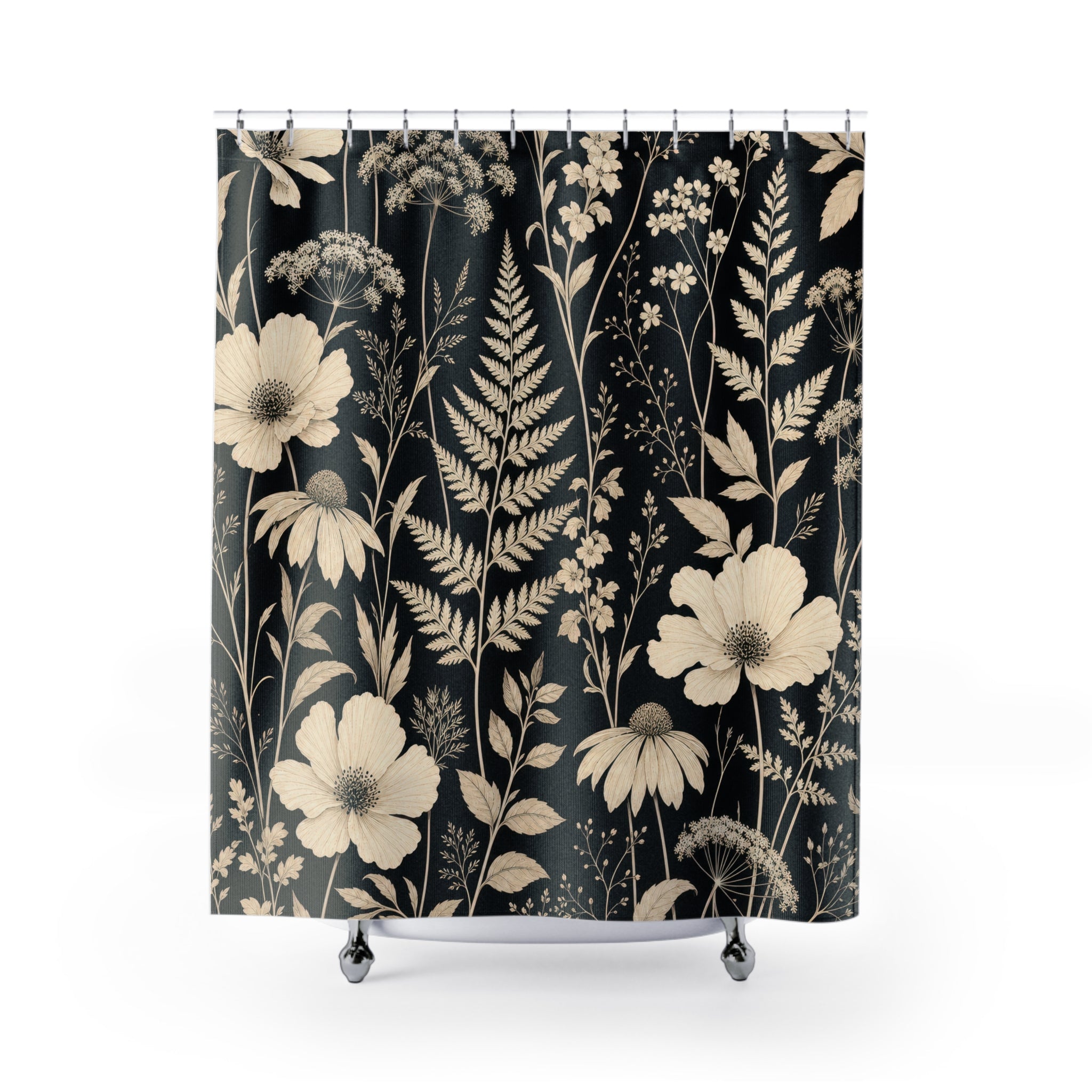 Black Cream Dark Botanical Shower Curtain