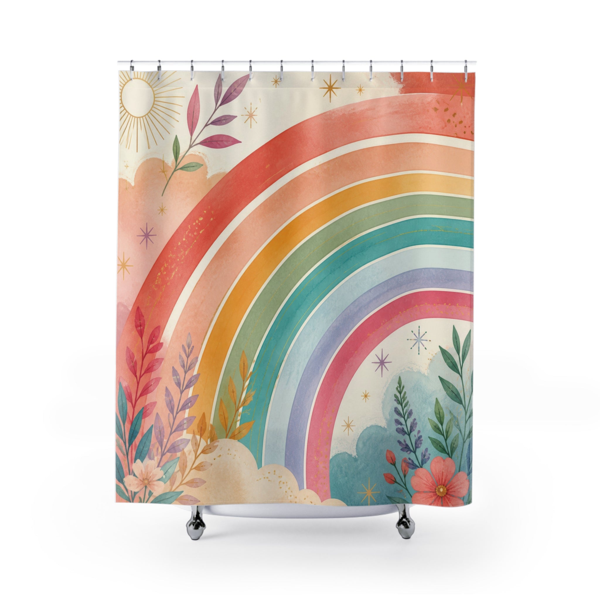 Rainbow Shower Curtain: Pastel Arch Floral Sun Pattern