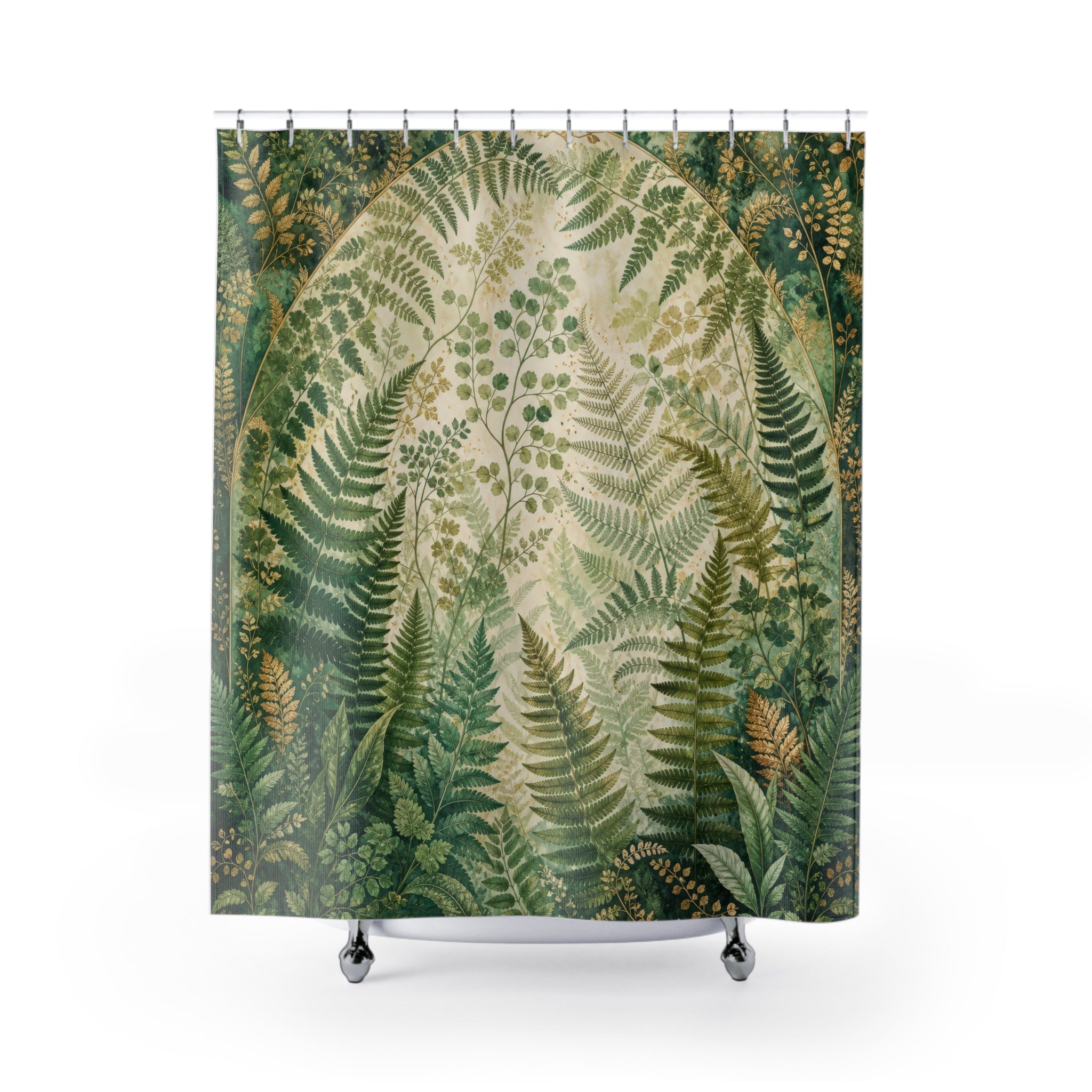 Unique Green Shower Curtain, Fern Arch Botanical Art, Forest Foliage Bathroom Decor, Mossy Green Woodland Guest Bath, Plant Lover Style