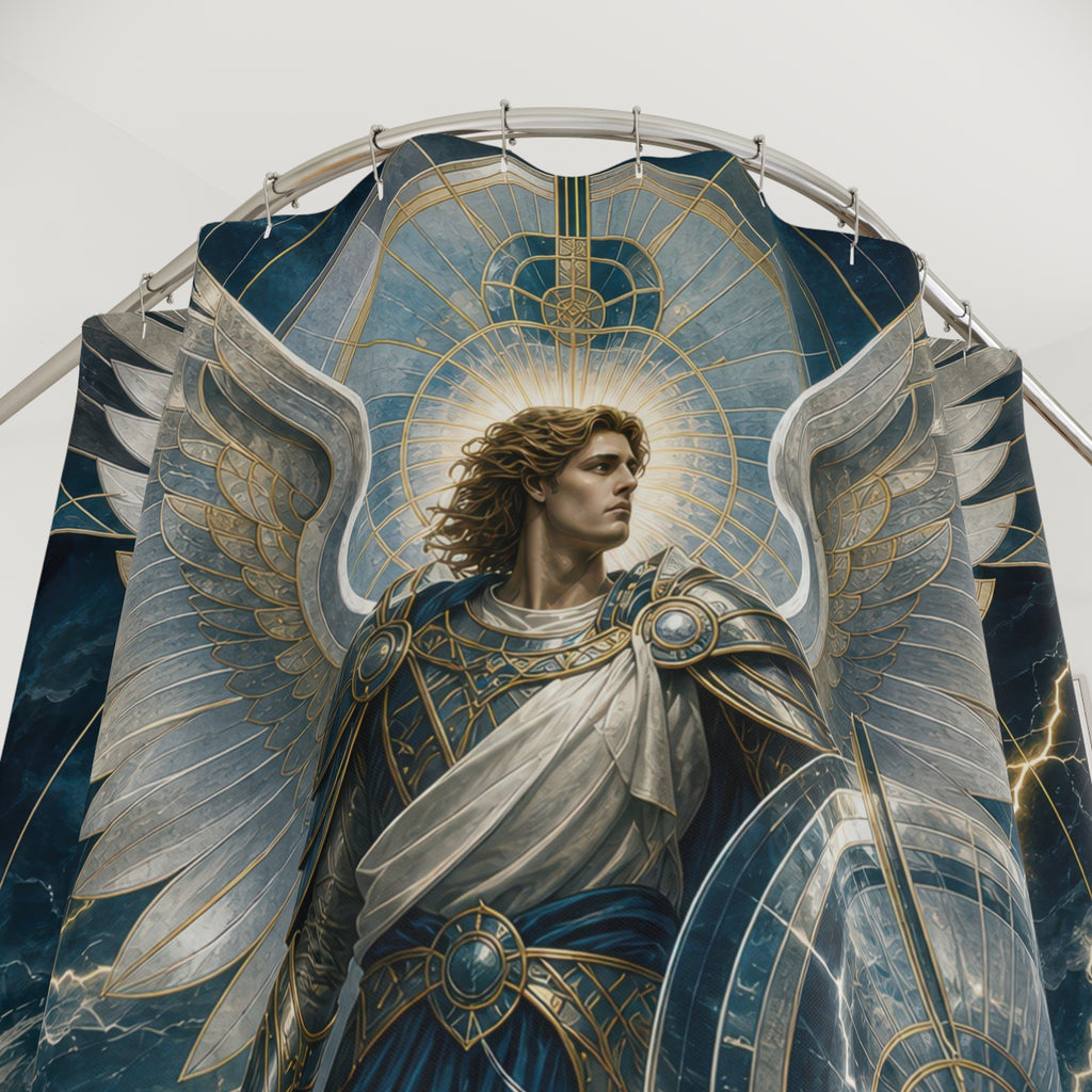 Archangel Michael Shower Curtain, Storm Guardian Angel Art, Silver Wing Celestial Decor, Blue Grey Spiritual Bathroom Accent, Art Deco Bath