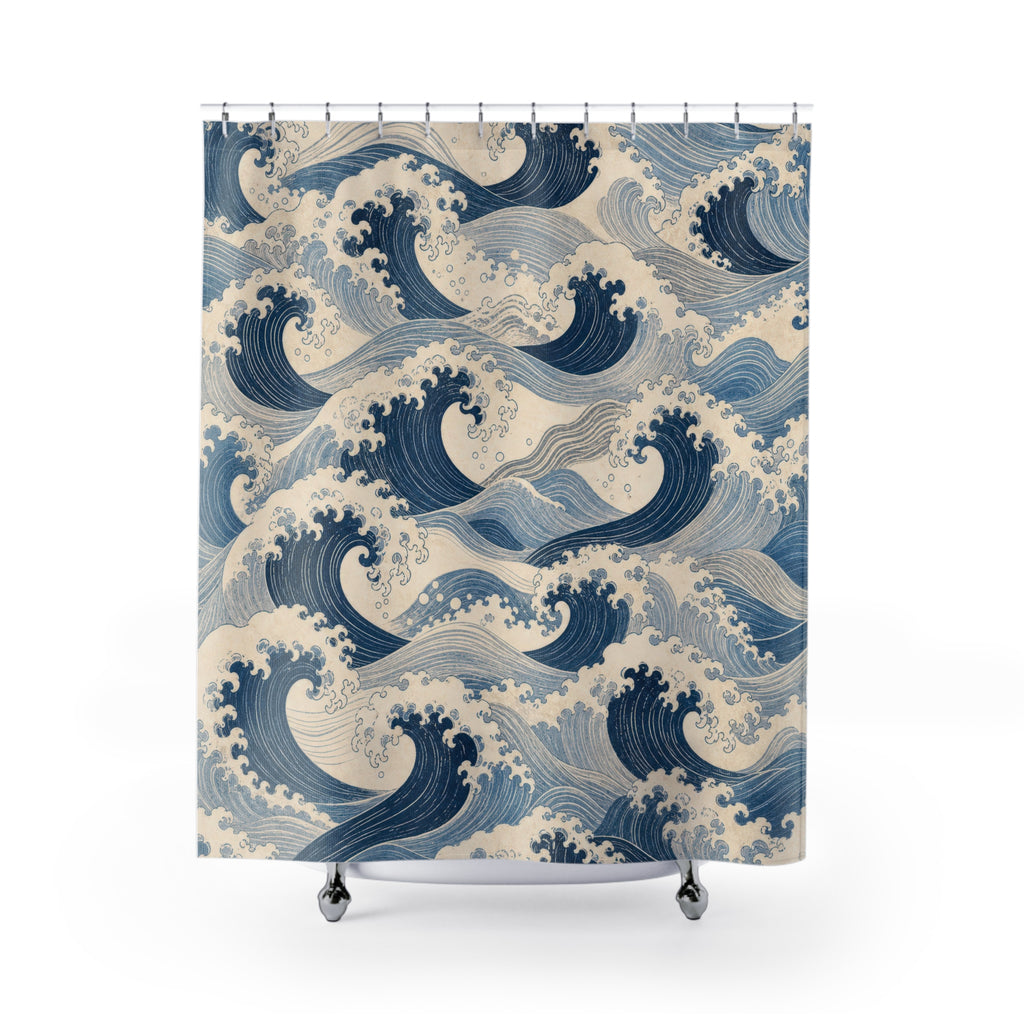 Blue Wave Shower Curtain, Japanese Inspired Ocean Pattern, Navy Coastal Bathroom Decor, Fresh Coastal Wall Decor Guest Bath Wall Gift