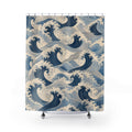 Blue Wave Shower Curtain, Japanese Inspired Ocean Pattern, Navy Coastal Bathroom Decor, Fresh Coastal Wall Decor Guest Bath Wall Gift