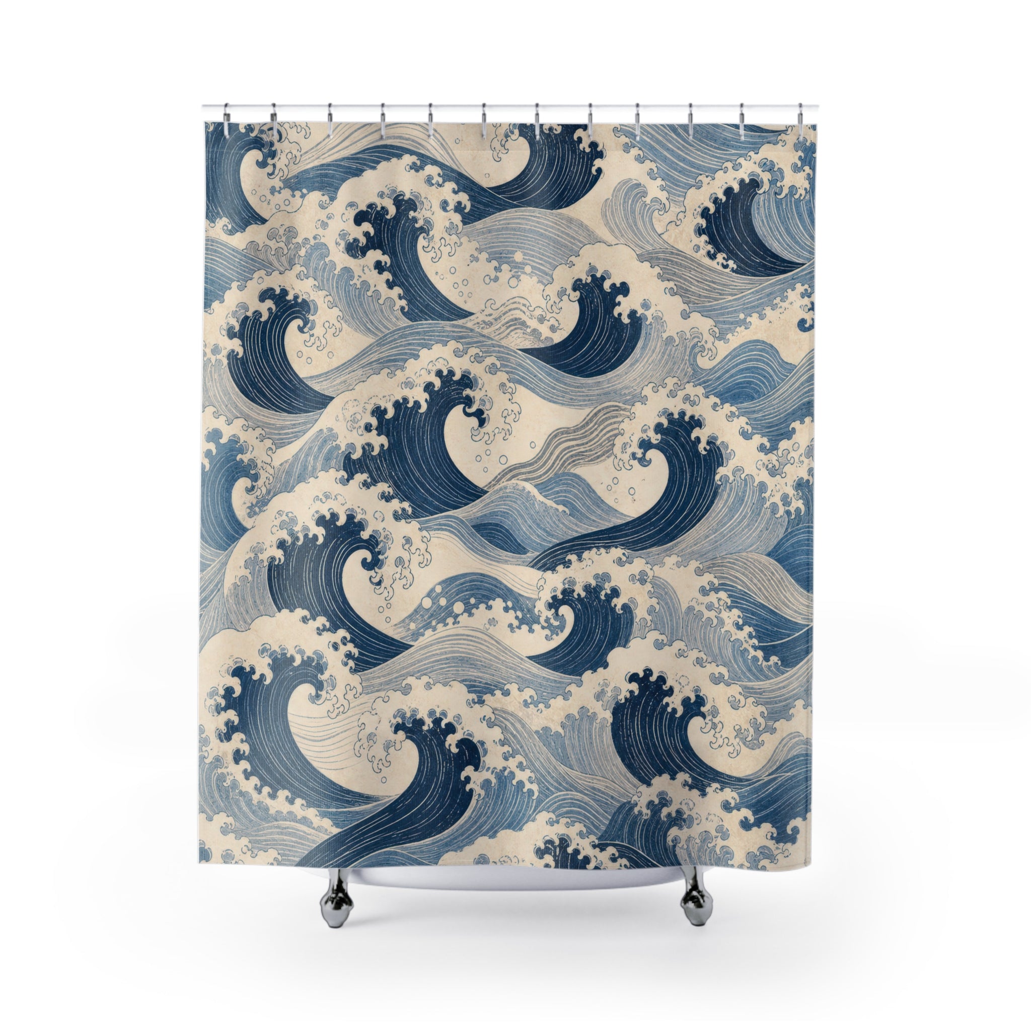 Blue Wave Shower Curtain, Japanese Inspired Ocean Pattern, Navy Coastal Bathroom Decor, Fresh Coastal Wall Decor Guest Bath Wall Gift