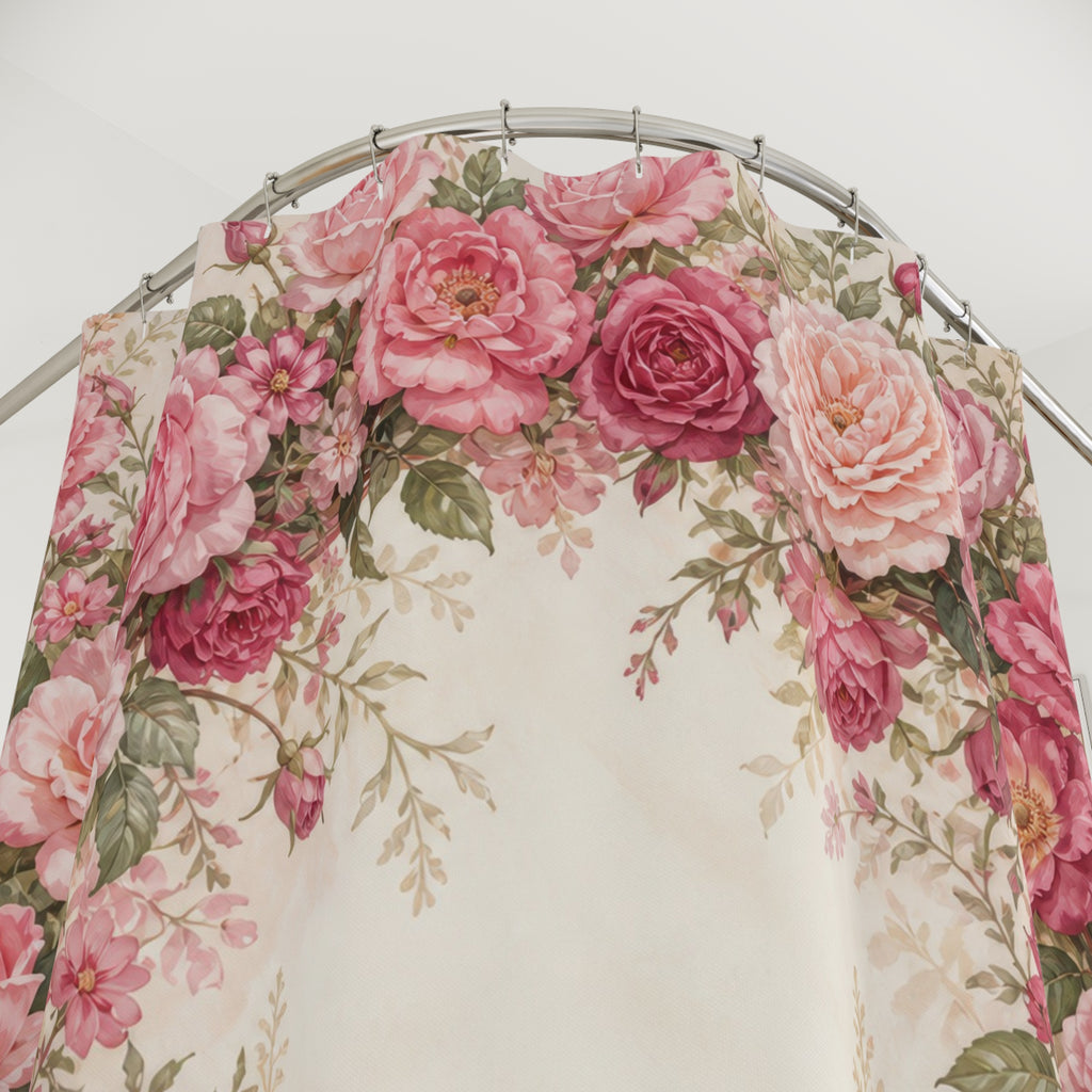 Blush rose and peony garden arch shower curtain with close-up print, hooks, and folds