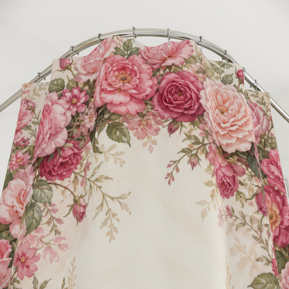 Blush rose and peony garden arch shower curtain with close-up print, hooks, and folds