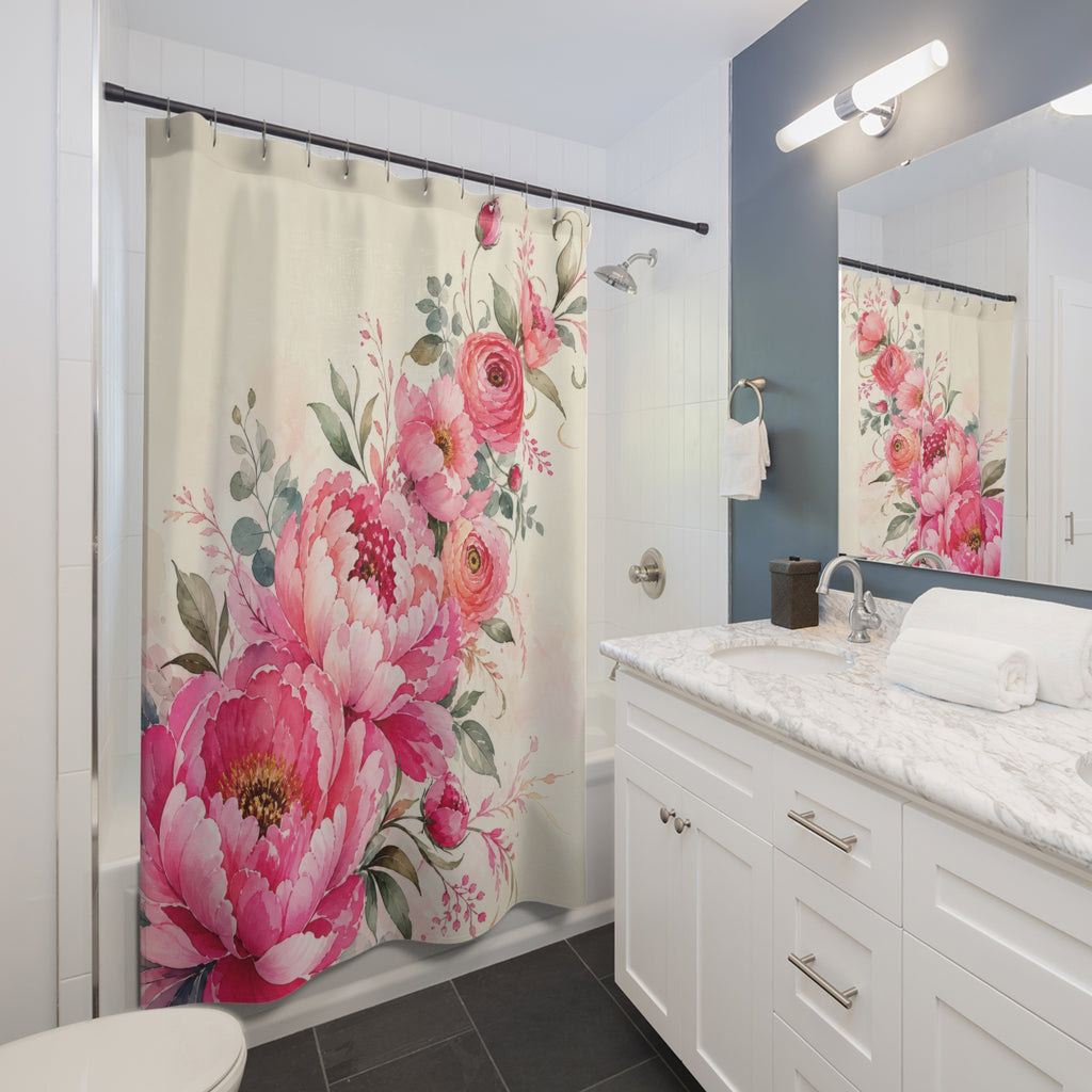 Pink watercolor wildflowers and meadow stems shower curtain beside a white vanity