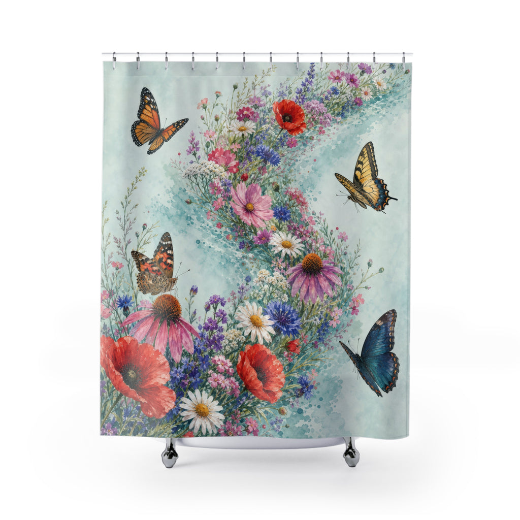Watercolor wild flower sweep with poppies and butterflies shower curtain with full front view