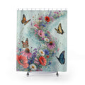 Watercolor wild flower sweep with poppies and butterflies shower curtain with full front view