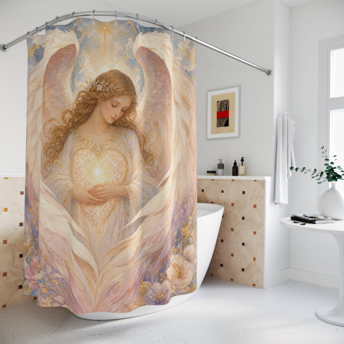 Guardian Angel soft pastel protective shower curtain beside a freestanding tub