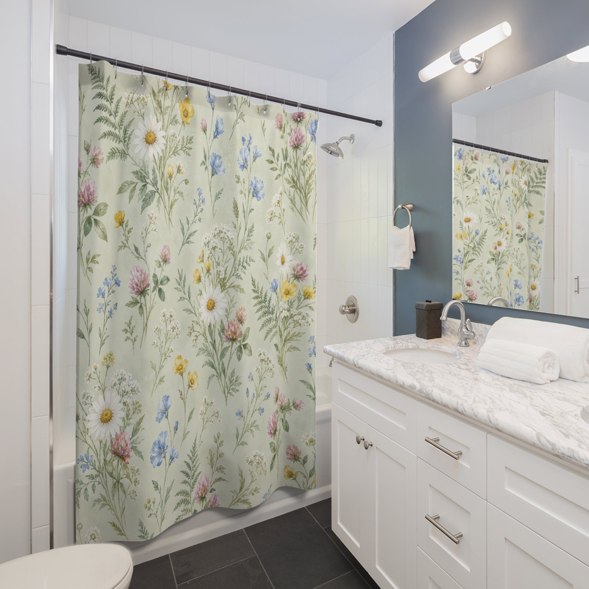 Daisy Blue Wildflower Watercolor Shower Curtain
