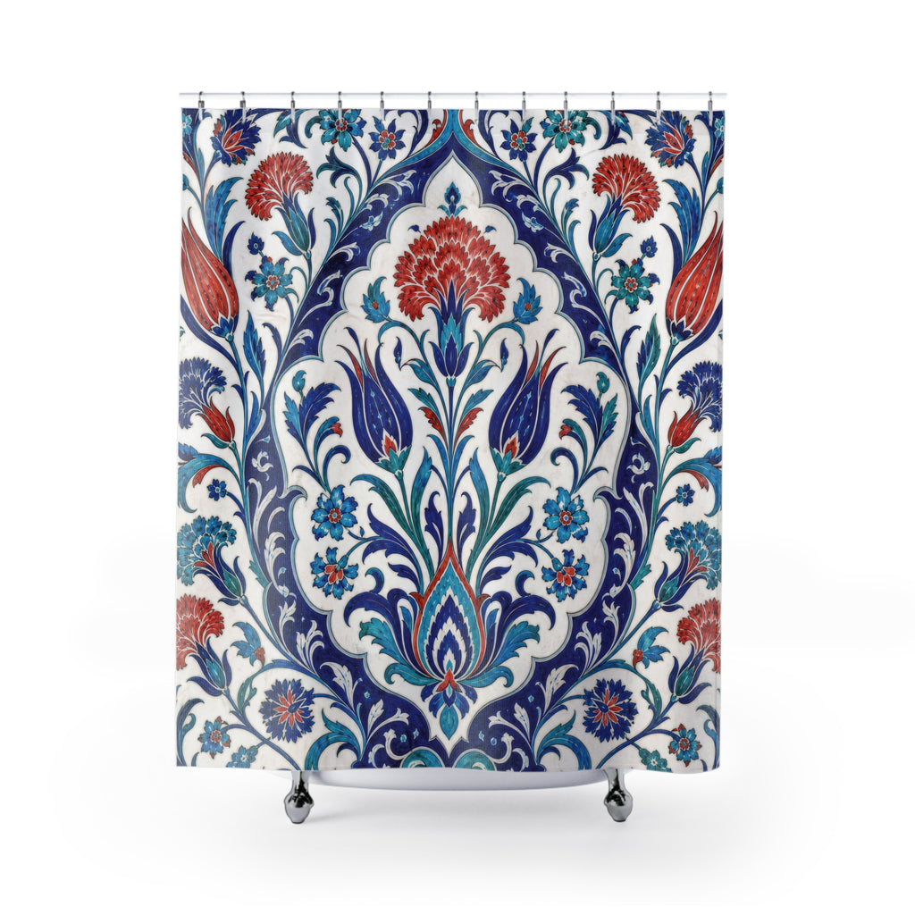 Turkish Shower Curtain: Blue Red Floral Tile