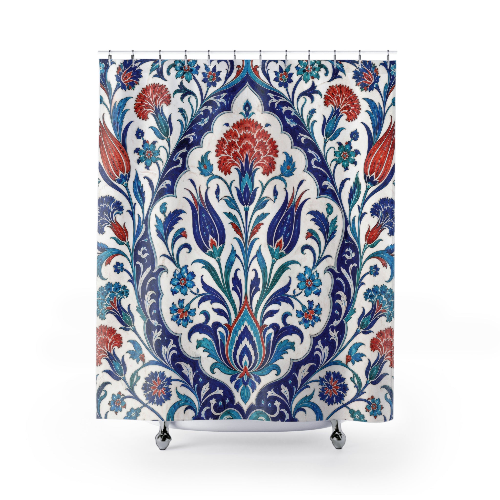Turkish Shower Curtain: Blue Red Floral Tile