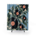 Black vinyl records with green leaves and cream blossoms shower curtain with full front view