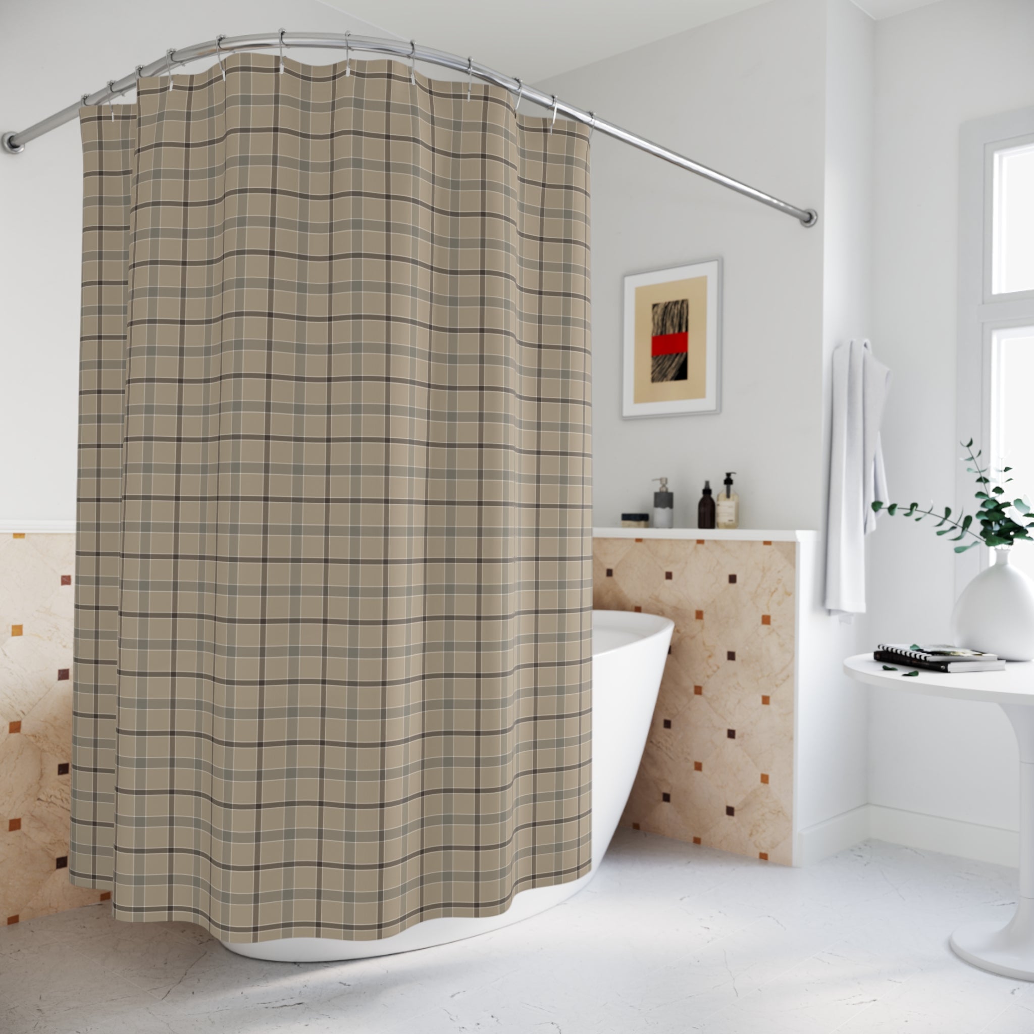 Farmhouse Plaid Shower Curtain – Tan & Charcoal Flannel