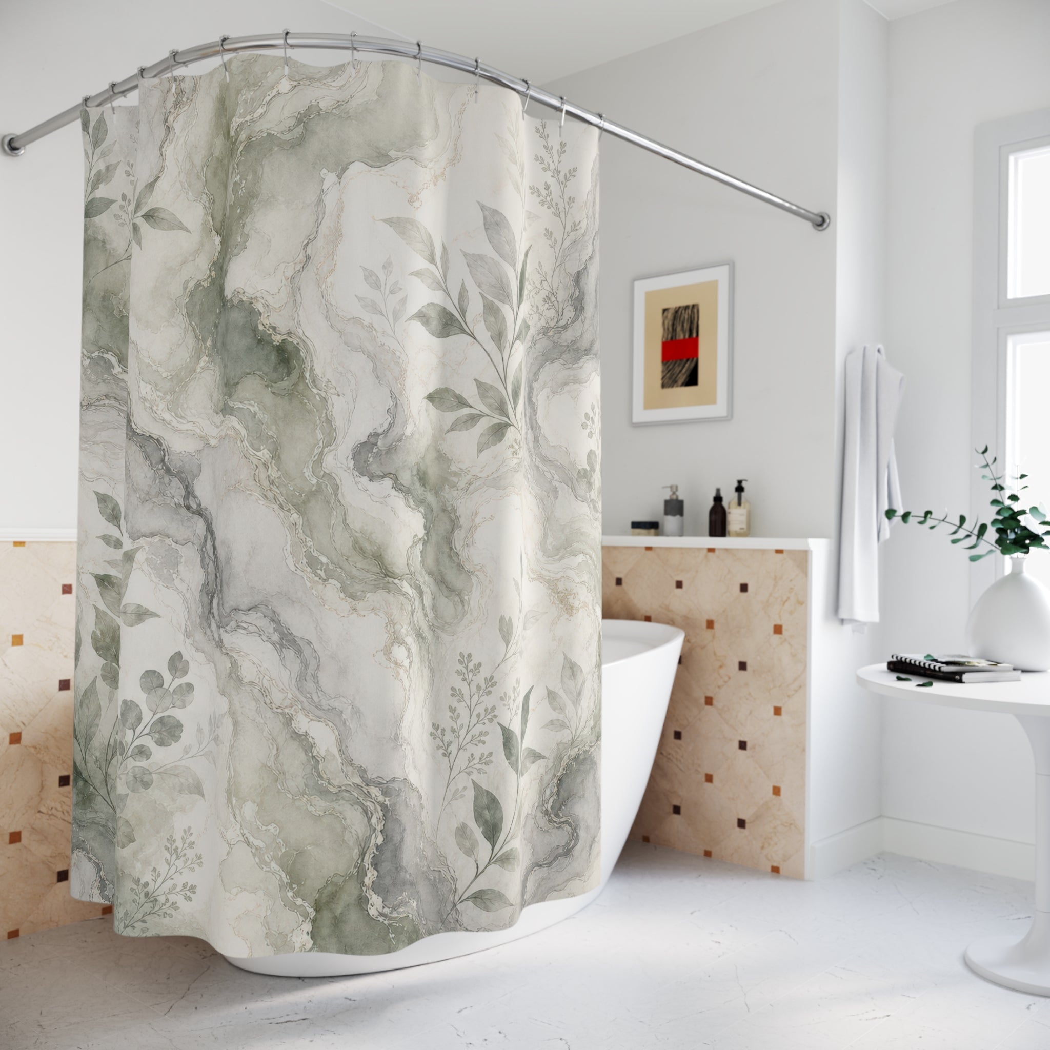 Green Marble Botanical Shower Curtain, Green Grey Modern Bathroom Decor, Botanical Marble Bath Curtain, Guest Bath Decor, Home Decor