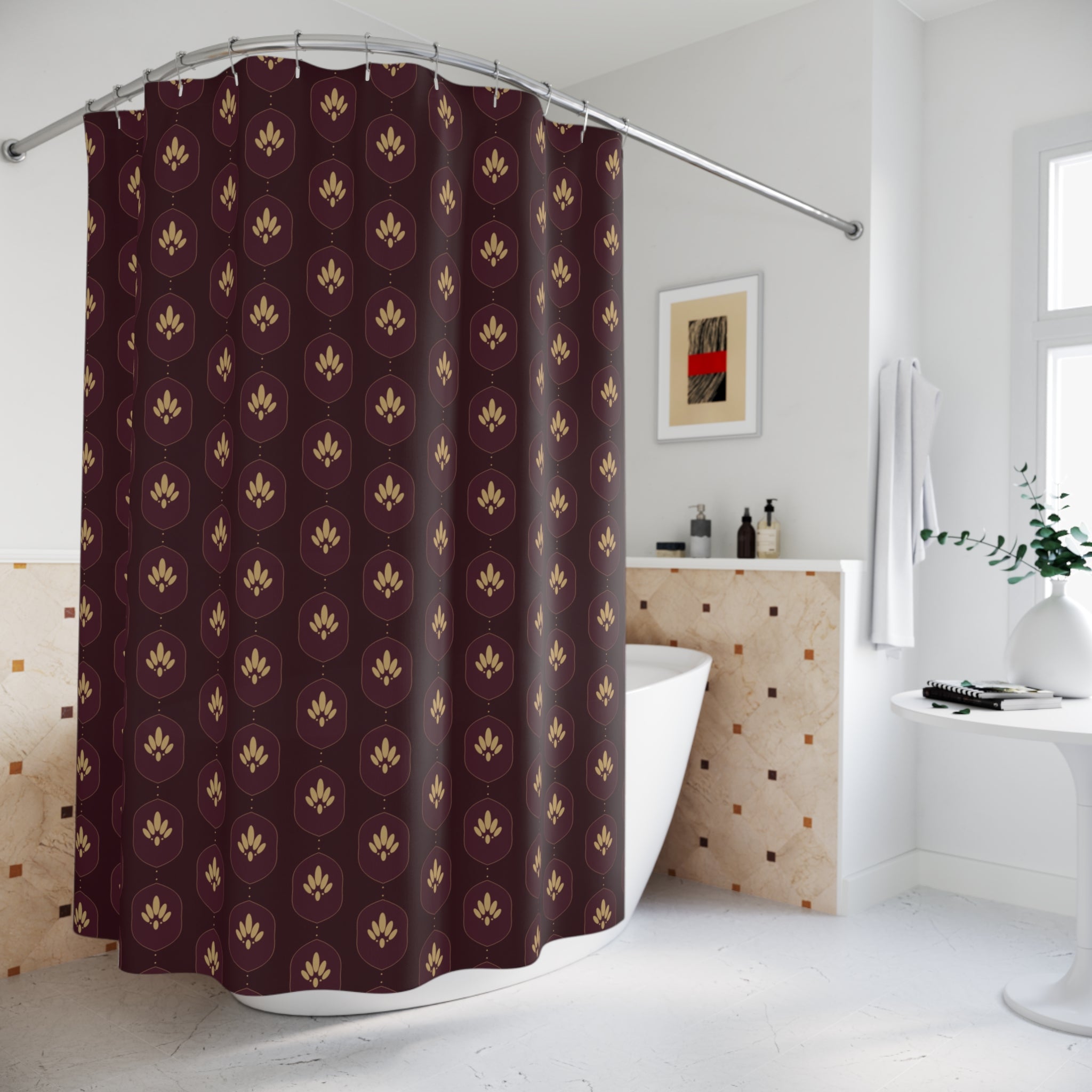 Burgundy & Gold Damask Shower Curtain – Victorian Ogee