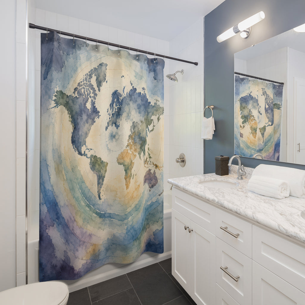 Blue world atlas watercolor map shower curtain beside a white vanity