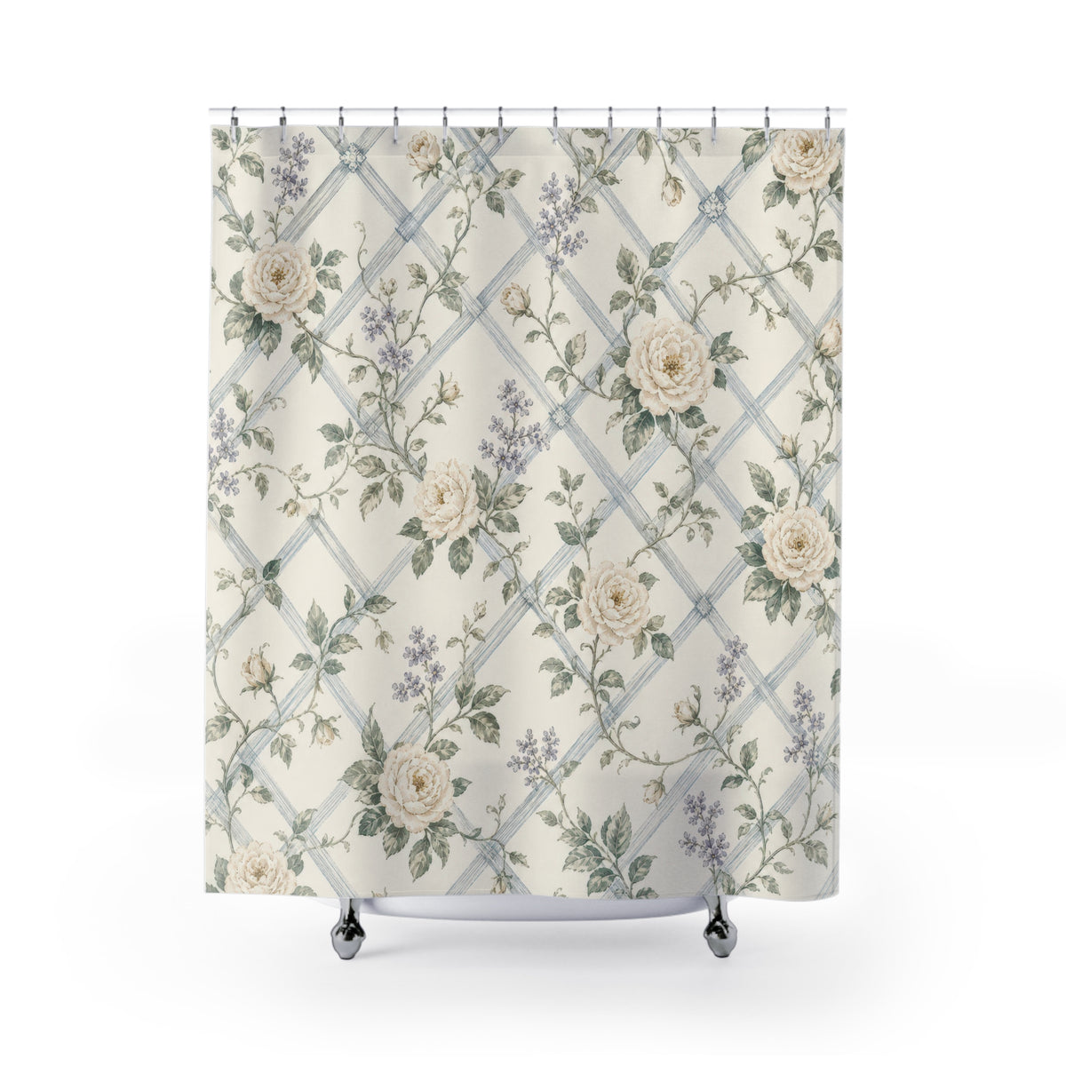 French Country Rose Trellis floral shower curtain with full front view