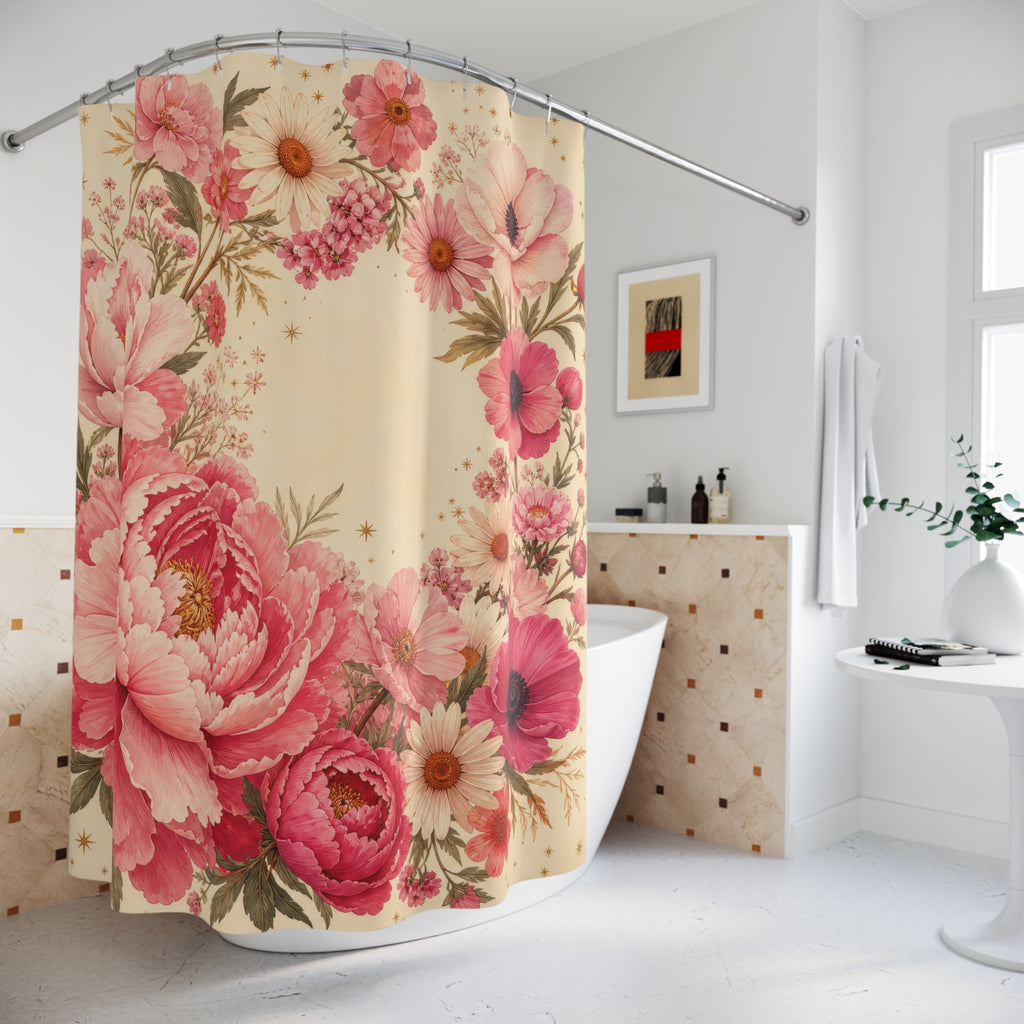 Pink peonies in a celestial floral orbit shower curtain beside a freestanding tub