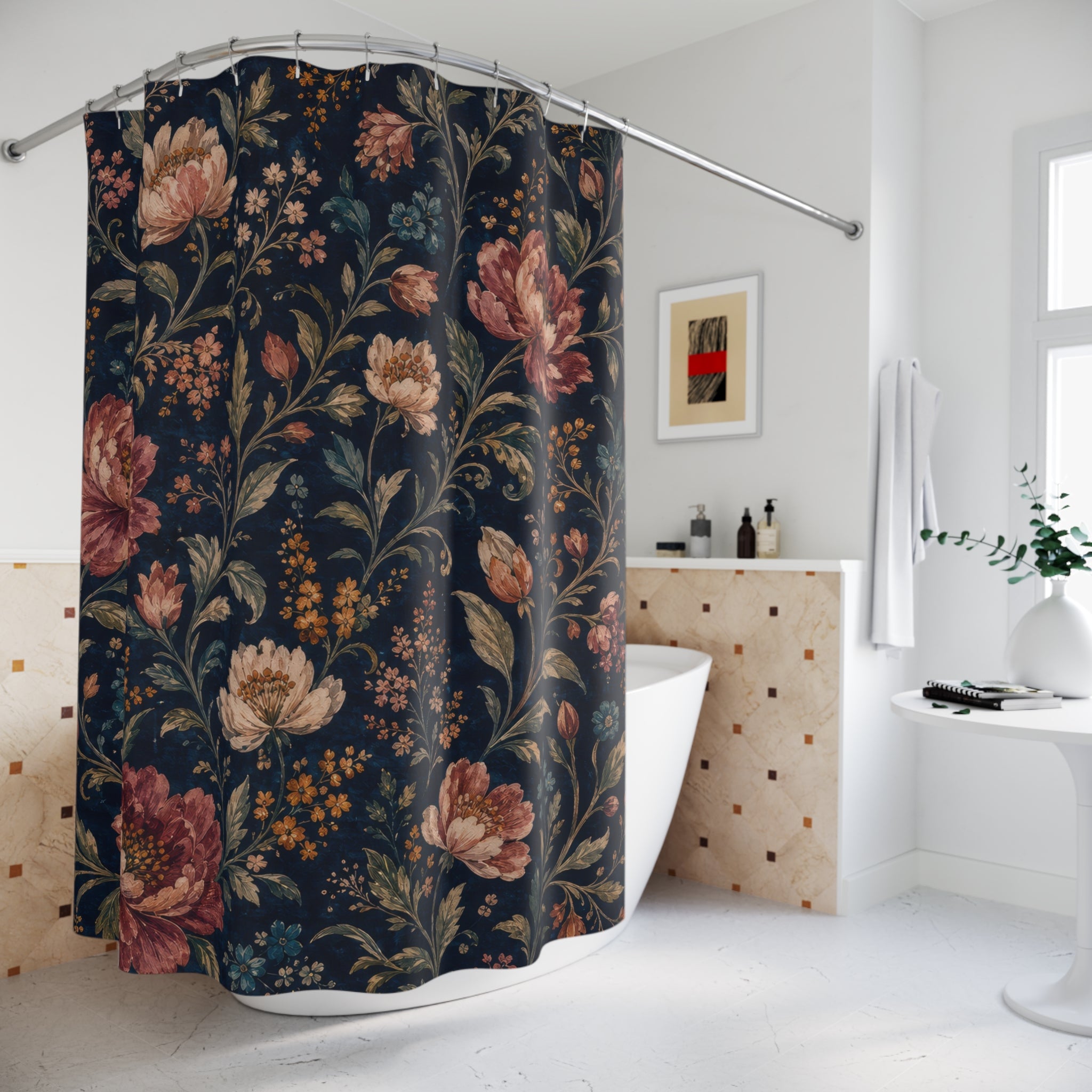 Navy Floral Cottage Cottagecore Orange Beige Shower Curtain