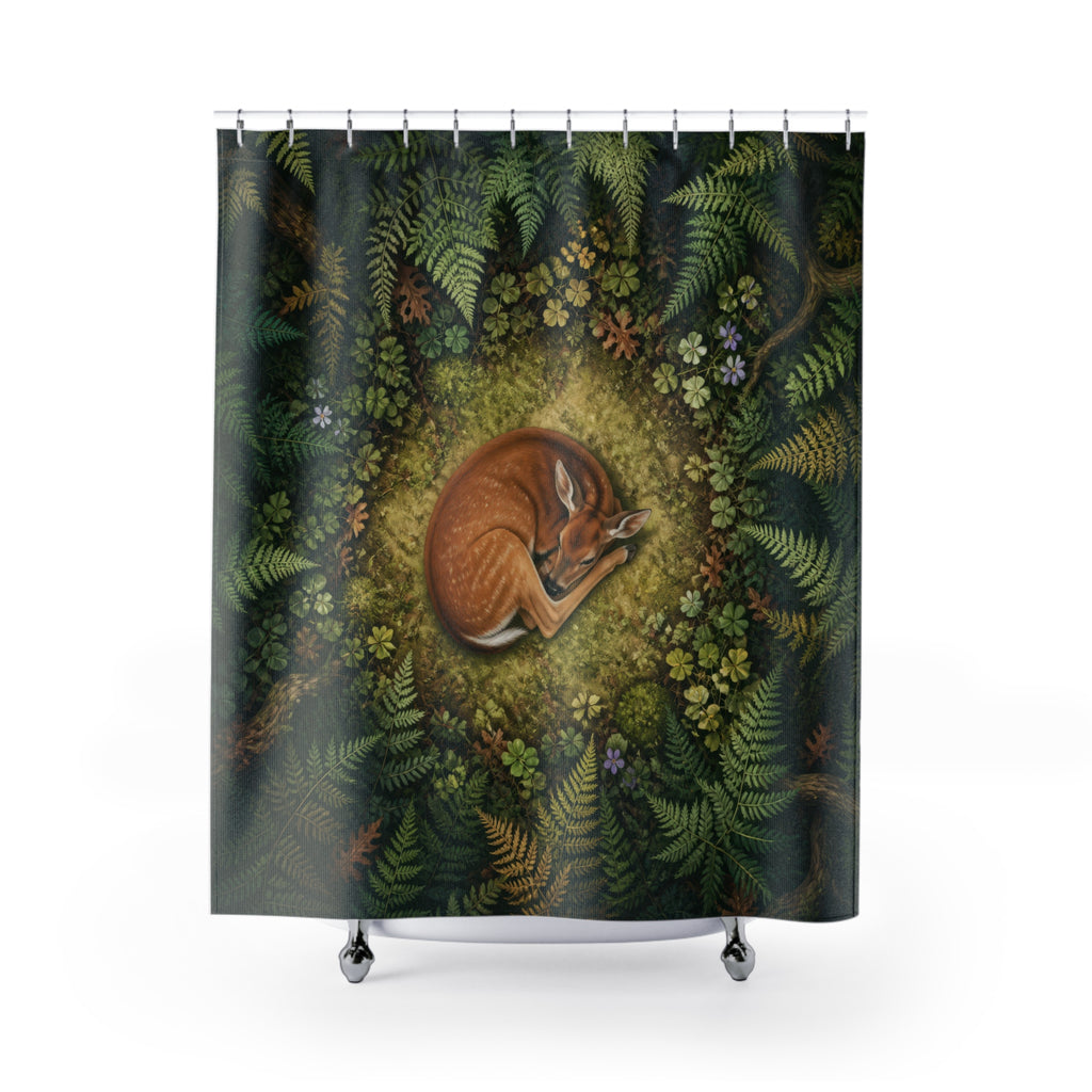 Resting fawn in a circular woodland fern clearing shower curtain with full front view