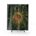 Resting fawn in a circular woodland fern clearing shower curtain with full front view