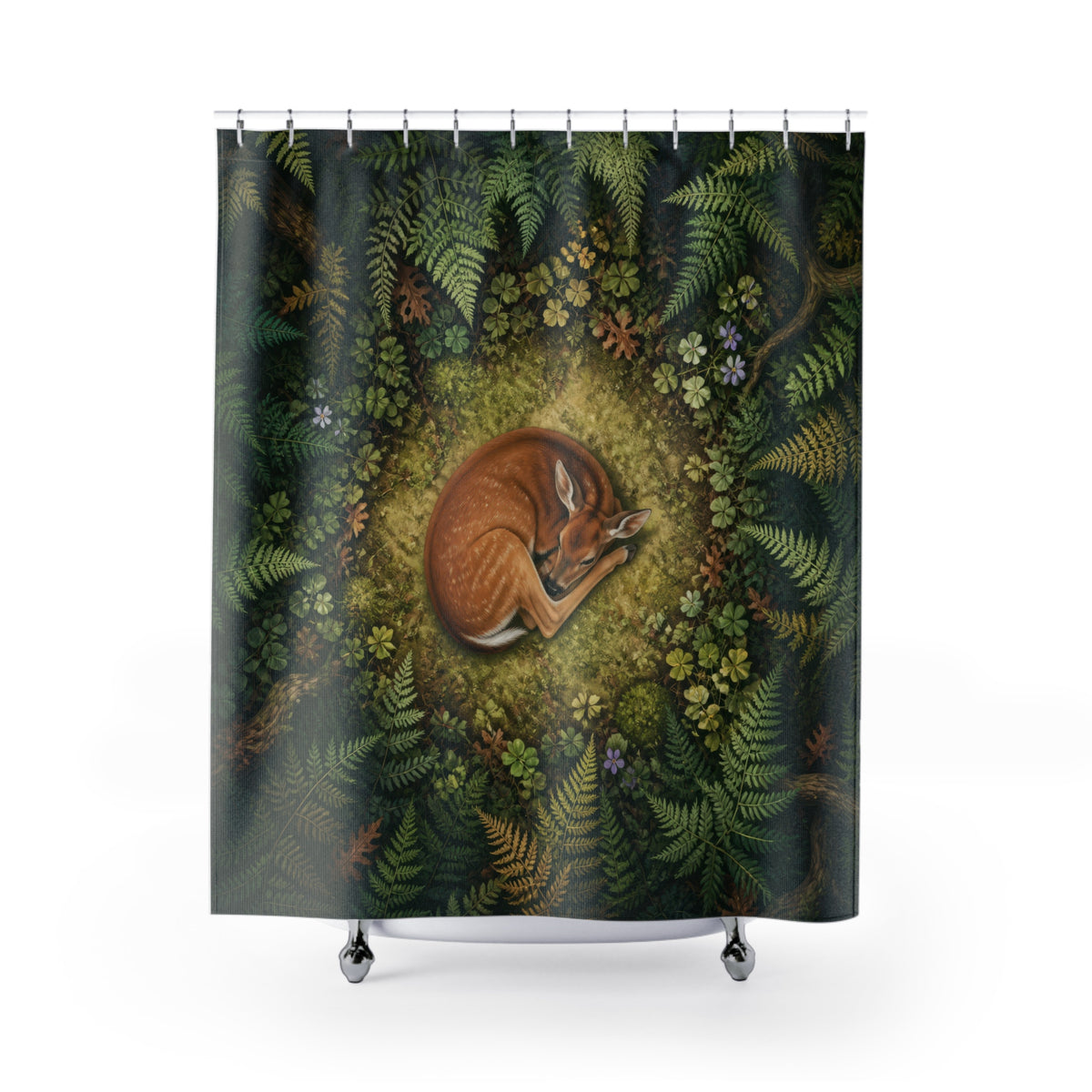 Resting fawn in a circular woodland fern clearing shower curtain with full front view