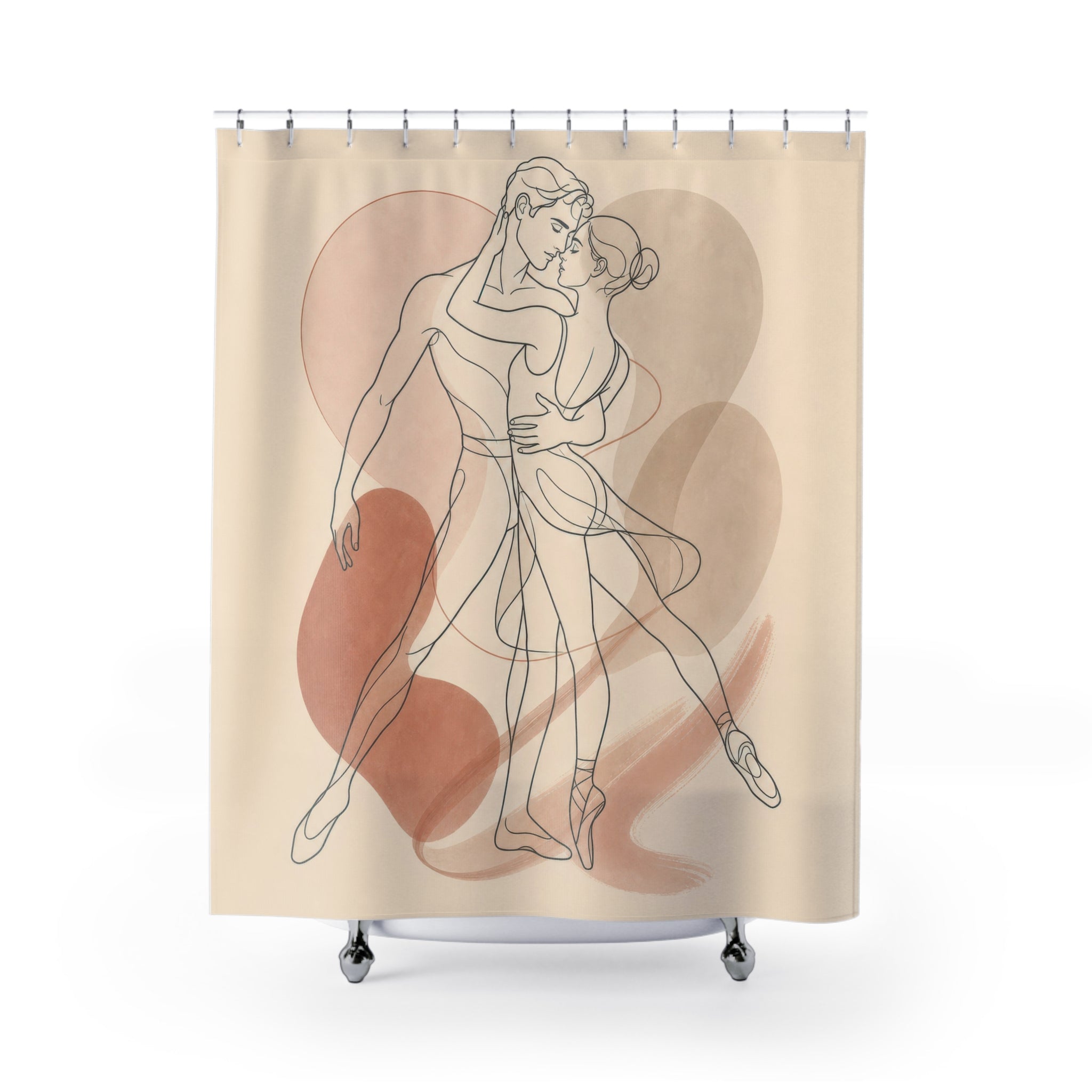 Line Art Shower Curtain, Embracing Couple Figure Pattern, Beige Rust Bathroom Decor, Modern Guest Bath Romantic Art Style